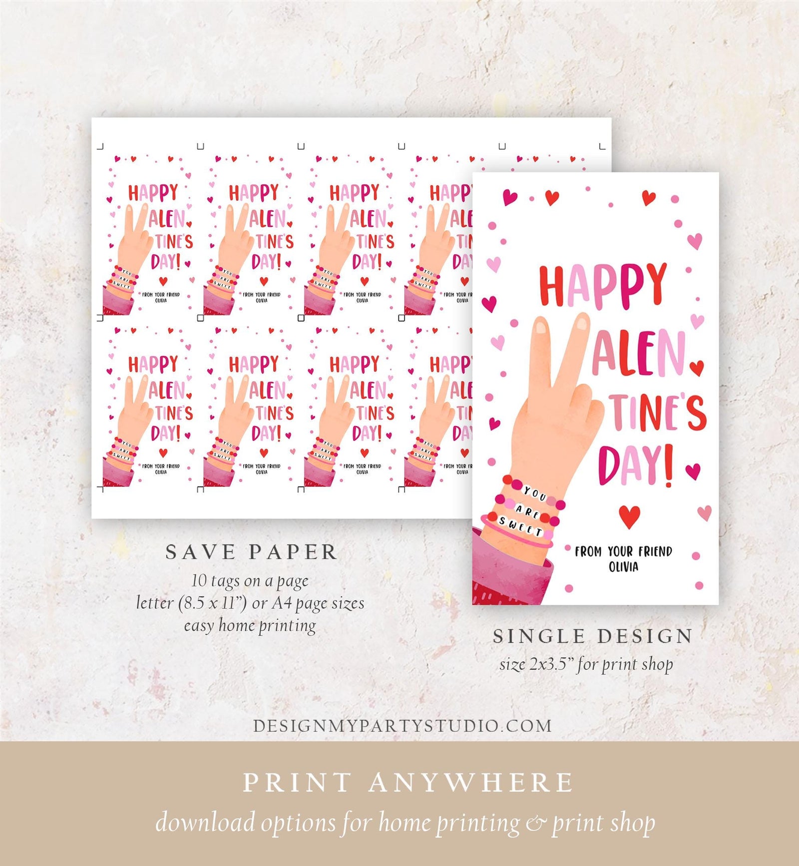 Editable Bracelet Valentines Tag Happy Valentine's Day Gift Tag Card You Are Sweet Girls Kids School Classroom Digital Printable 0370