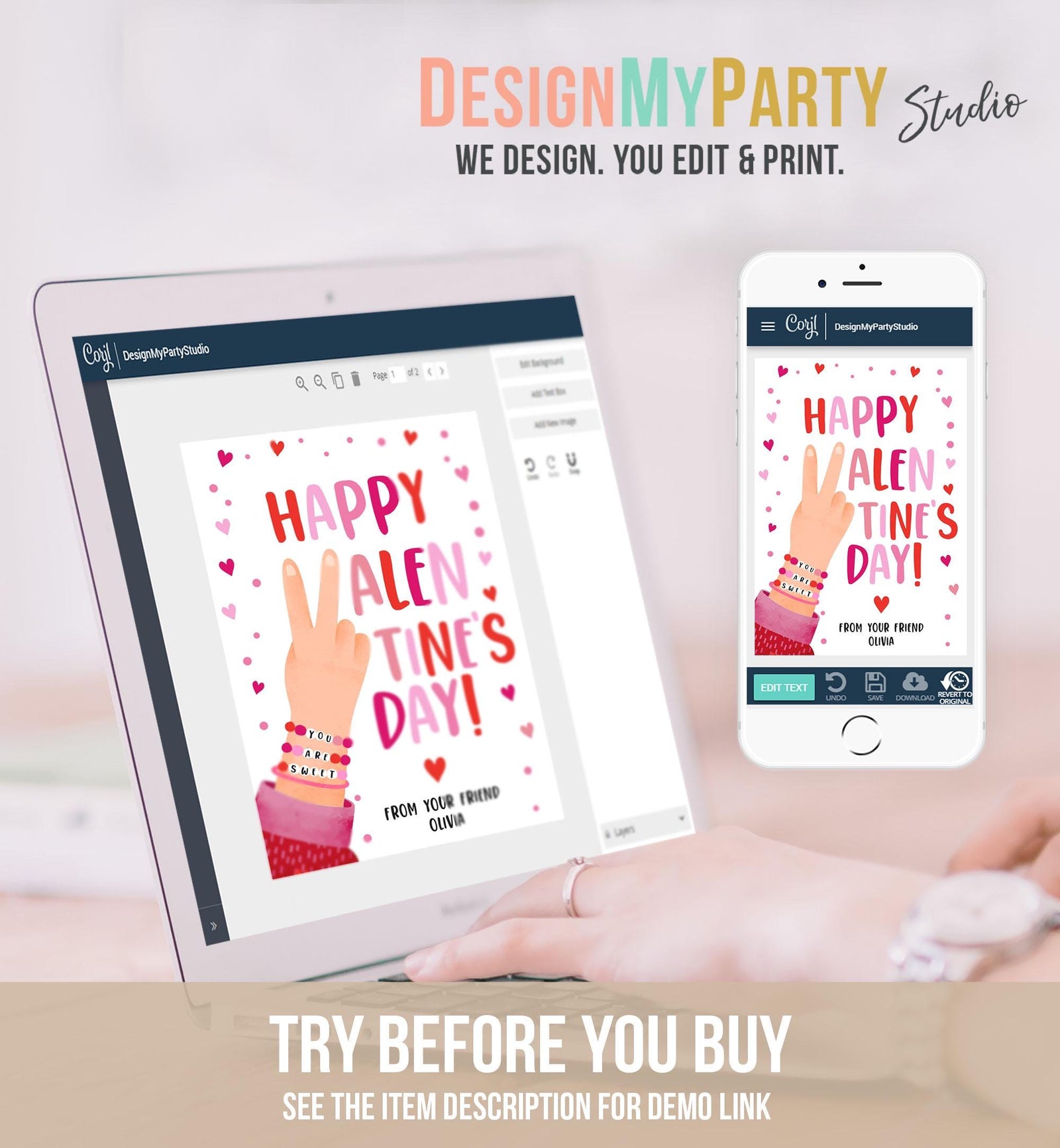 Editable Bracelet Valentines Card Happy Valentine's Day Gift Tag You Are Sweet Girls Kids School Classroom Digital Download Printable 0370