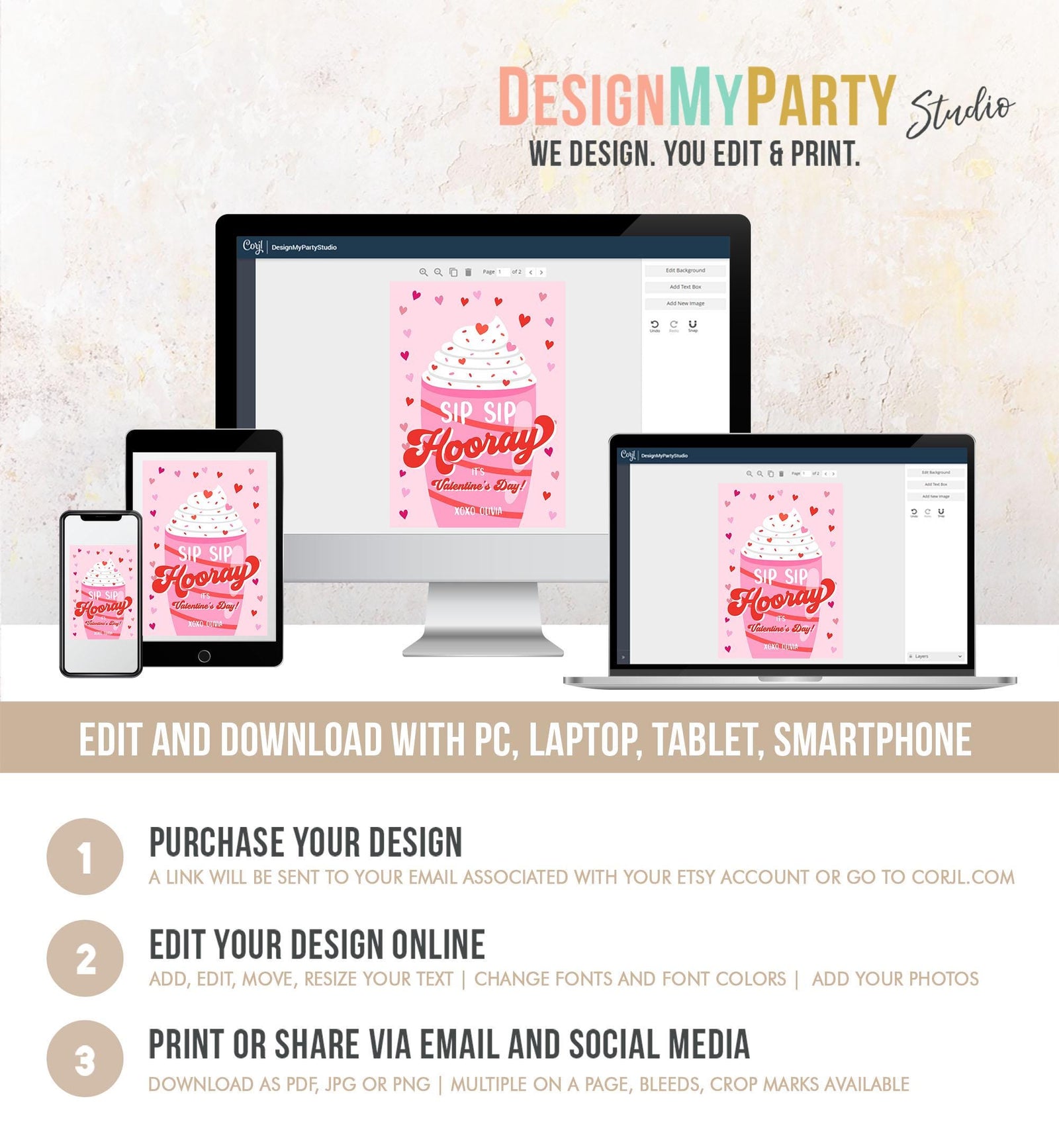 Editable Silly Straw Valentine Card Sip Sip Hooray It's Valentine's Day Crazy Straw Kids School Classroom Digital Download Printable 0370