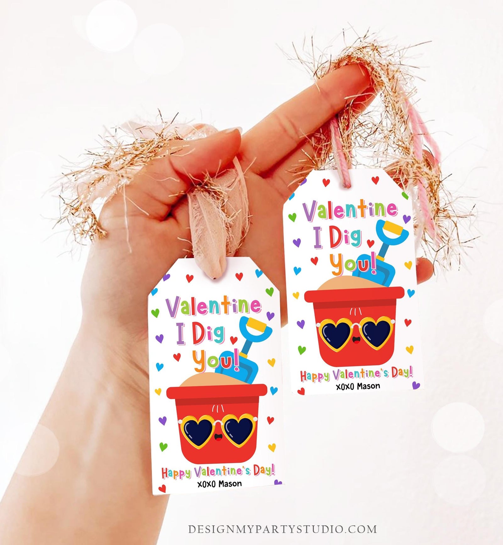 Editable Valentine I Dig You Valentines Day Gift Tag Red Boy Shovel Bucket Beach Sand Favor Kids School Classroom Template Printable 0370