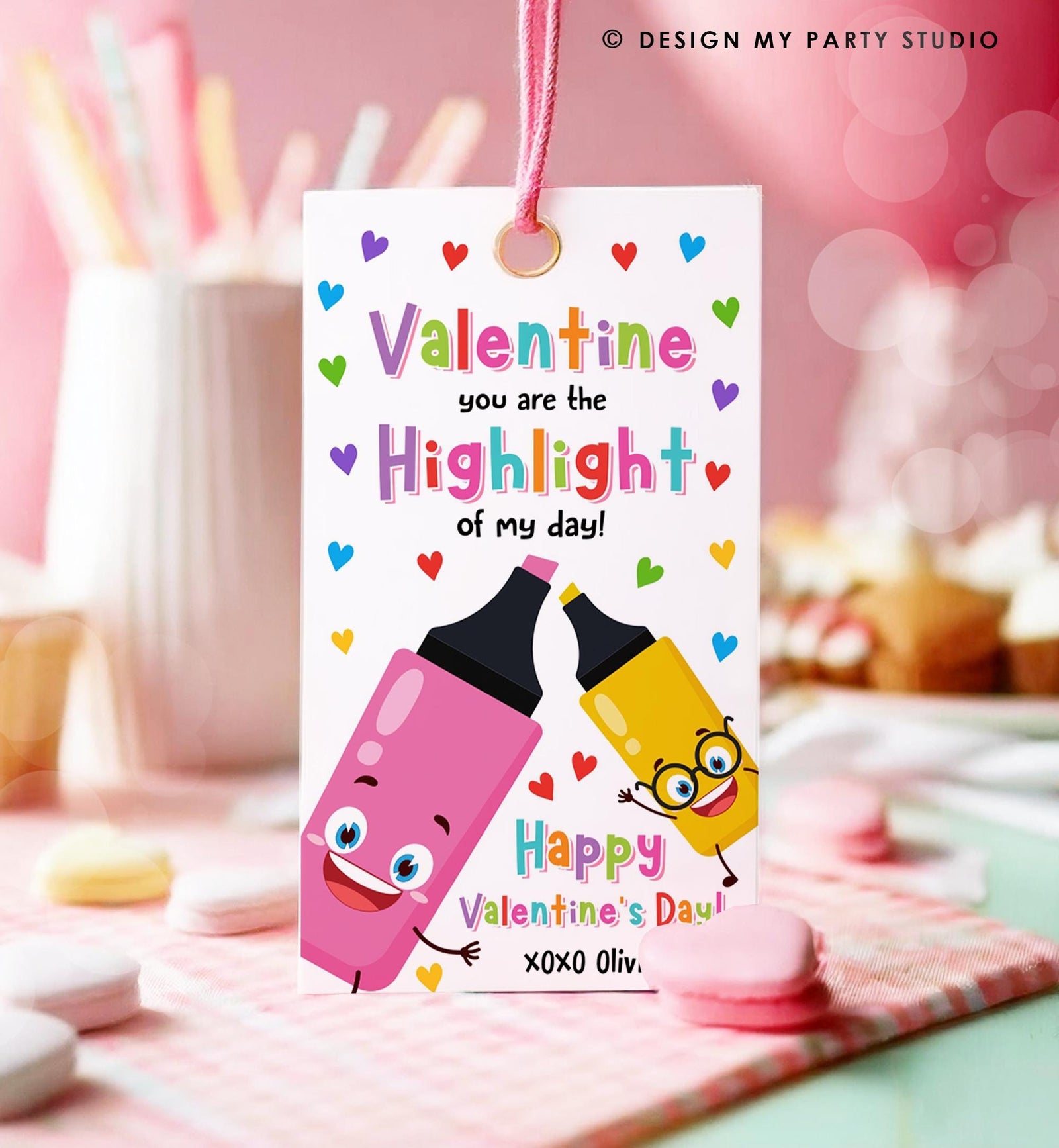 Editable Valentine You're the Highlight Valentines Day Gift Tag Markers Pen Highlighter Favor Kids School Classroom Template Printable 0370