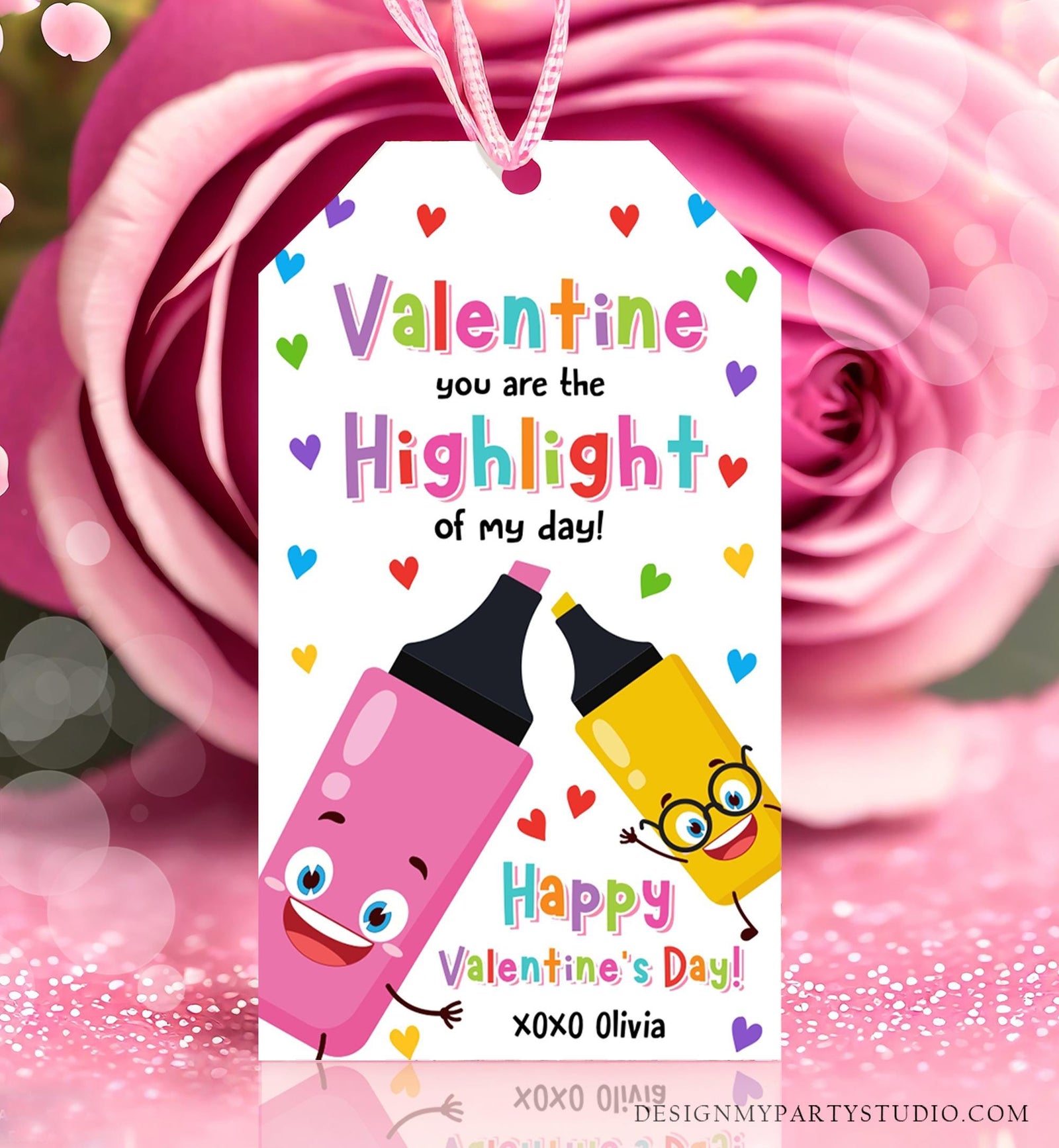 Editable Valentine You're the Highlight Valentines Day Gift Tag Markers Pen Highlighter Favor Kids School Classroom Template Printable 0370