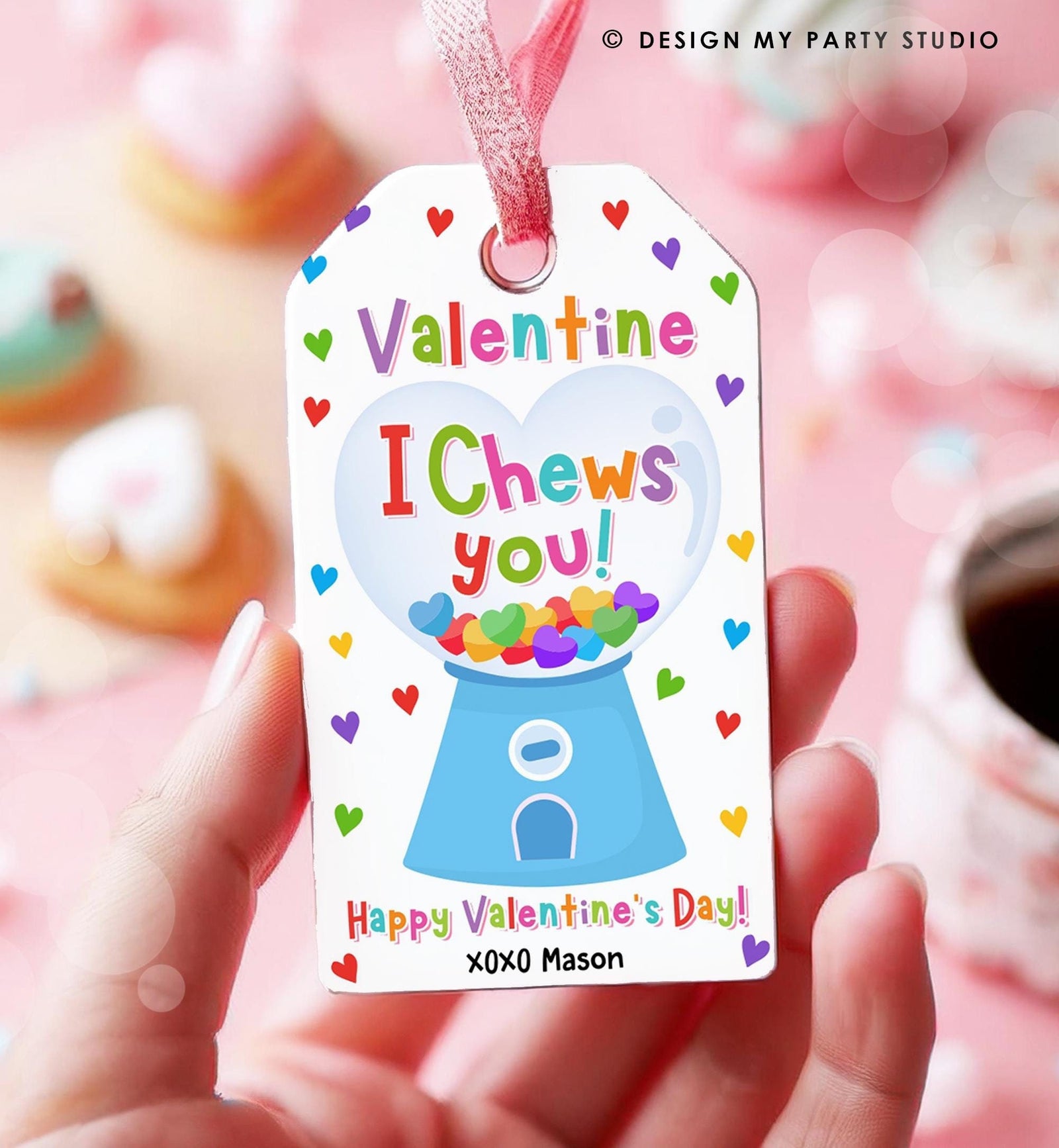 Editable I Chews You Valentines Day Gift Tag Valentine Boy Gumball Machine Bubble Gum Favor Kids School Classroom Template Printable 0370
