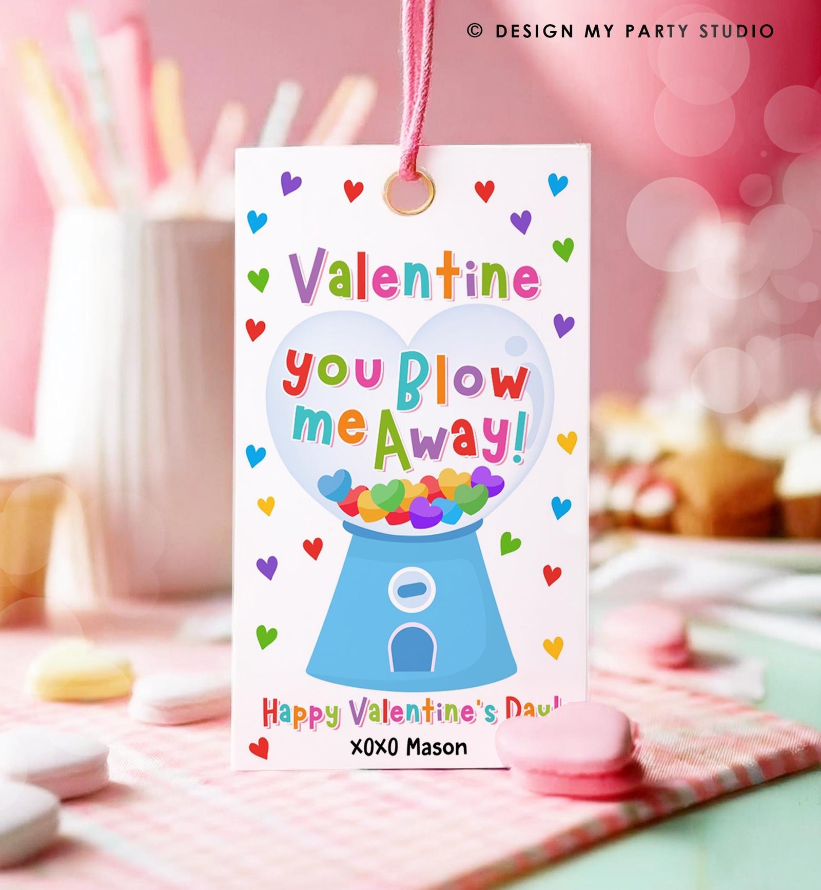 Editable Valentine You Blow Me Away Valentines Day Gift Tag Boy Gumball Machine Bubble Gum Kids School Classroom Template Printable 0370
