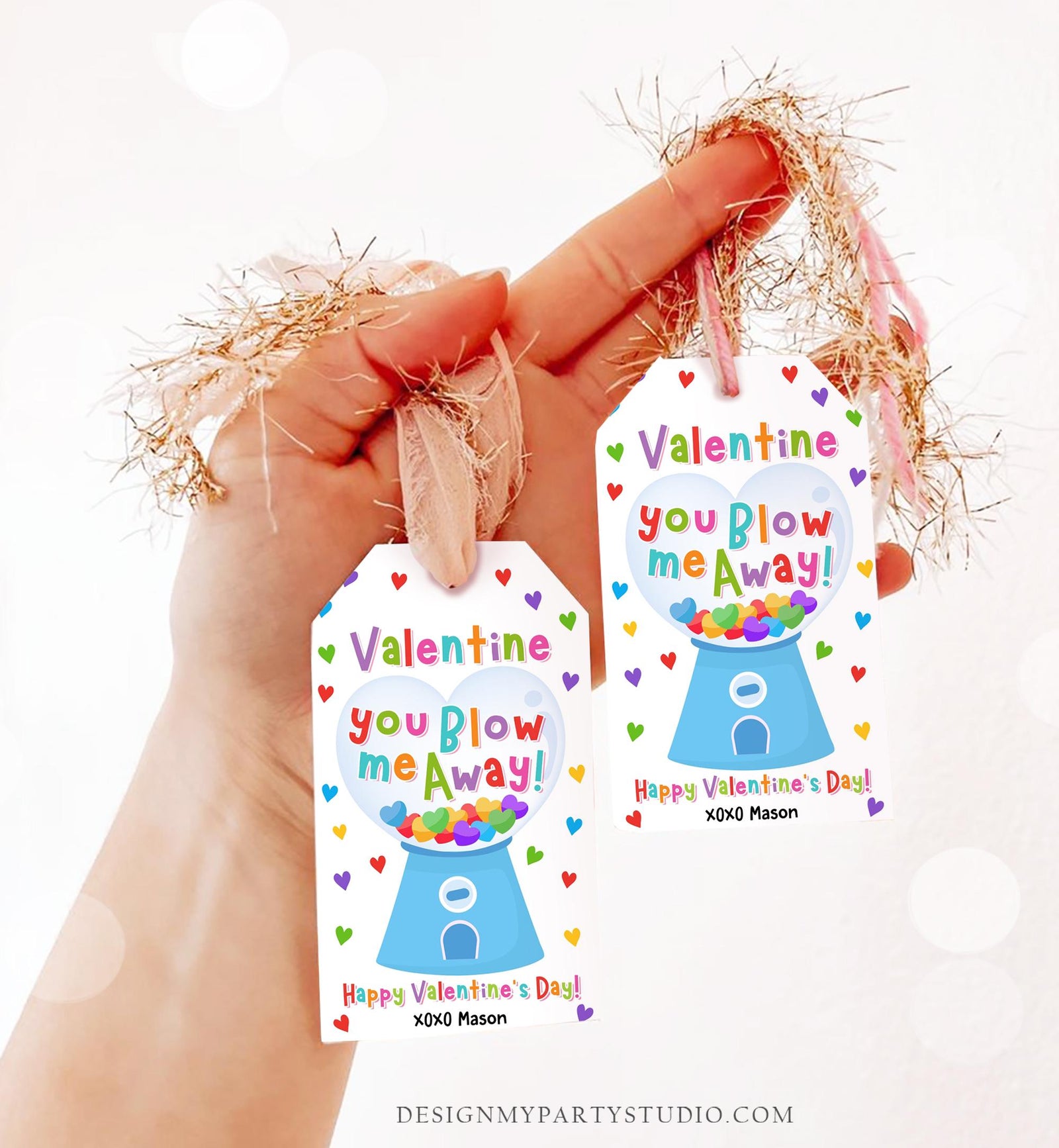 Editable Valentine You Blow Me Away Valentines Day Gift Tag Boy Gumball Machine Bubble Gum Kids School Classroom Template Printable 0370