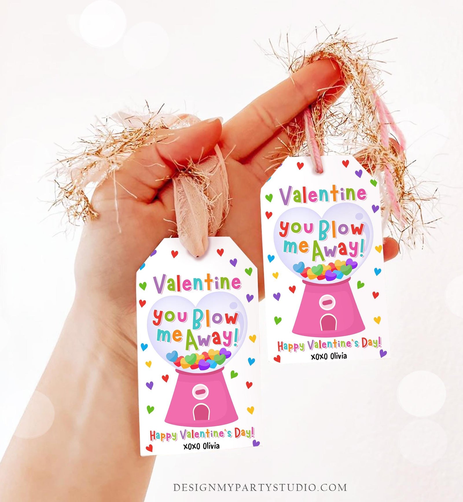 Editable Valentine You Blow Me Away Valentines Day Gift Tag Girl Gumball Machine Bubble Gum Kids School Classroom Template Printable 0370