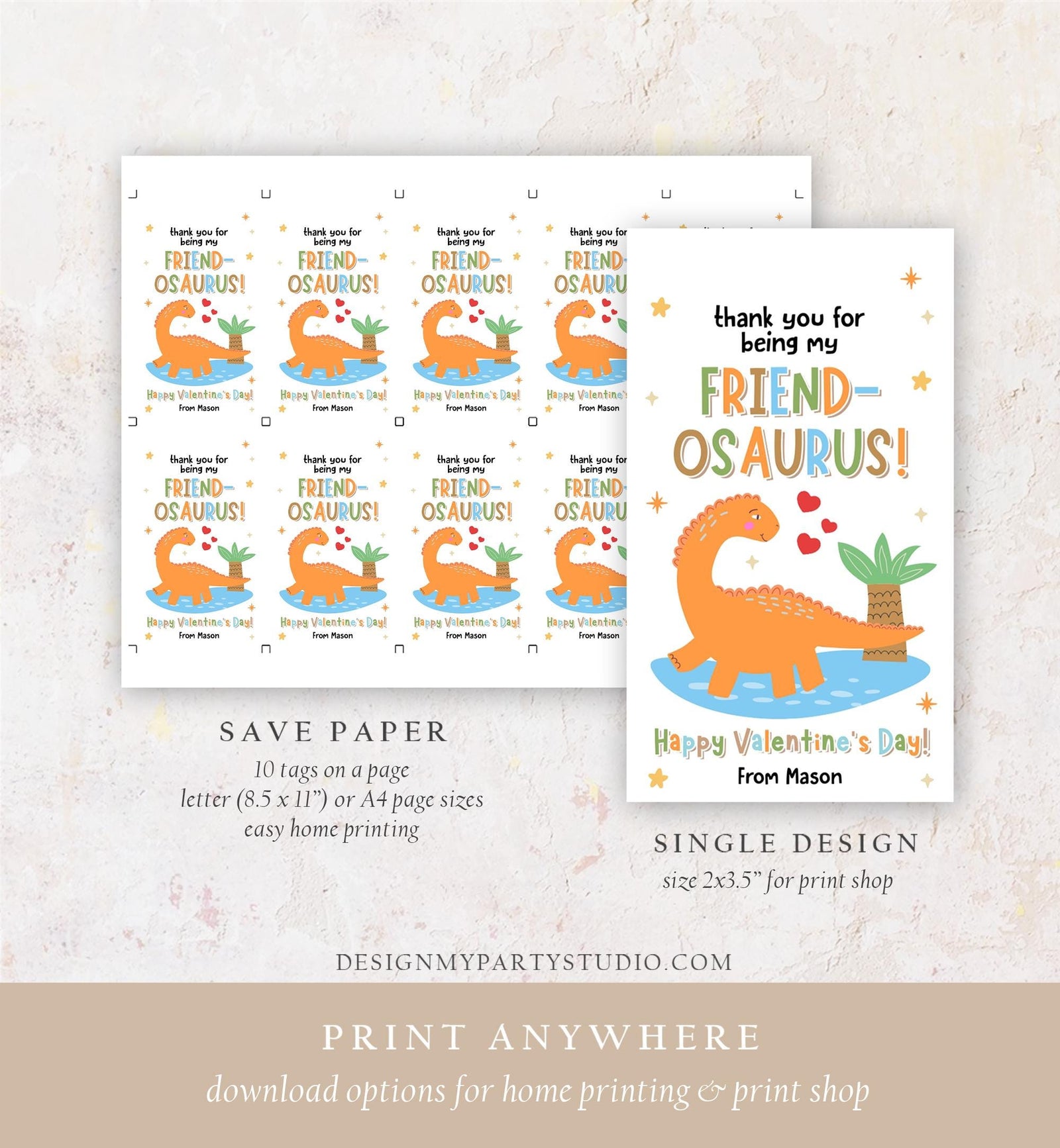 Editable Friend-Osaurus Valentines Day Gift Tag Dinosaur Dino Friendosaurus Card Favor Kids School Classroom Template Printable 0370