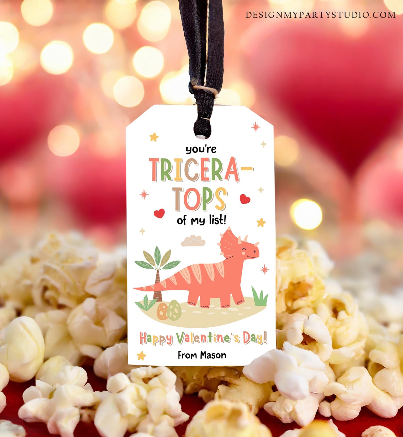 Editable You're Tricera-Tops Valentines Day Gift Tag Dinosaur Dino Triceratops Favor Card Kids School Classroom Template Printable 0370