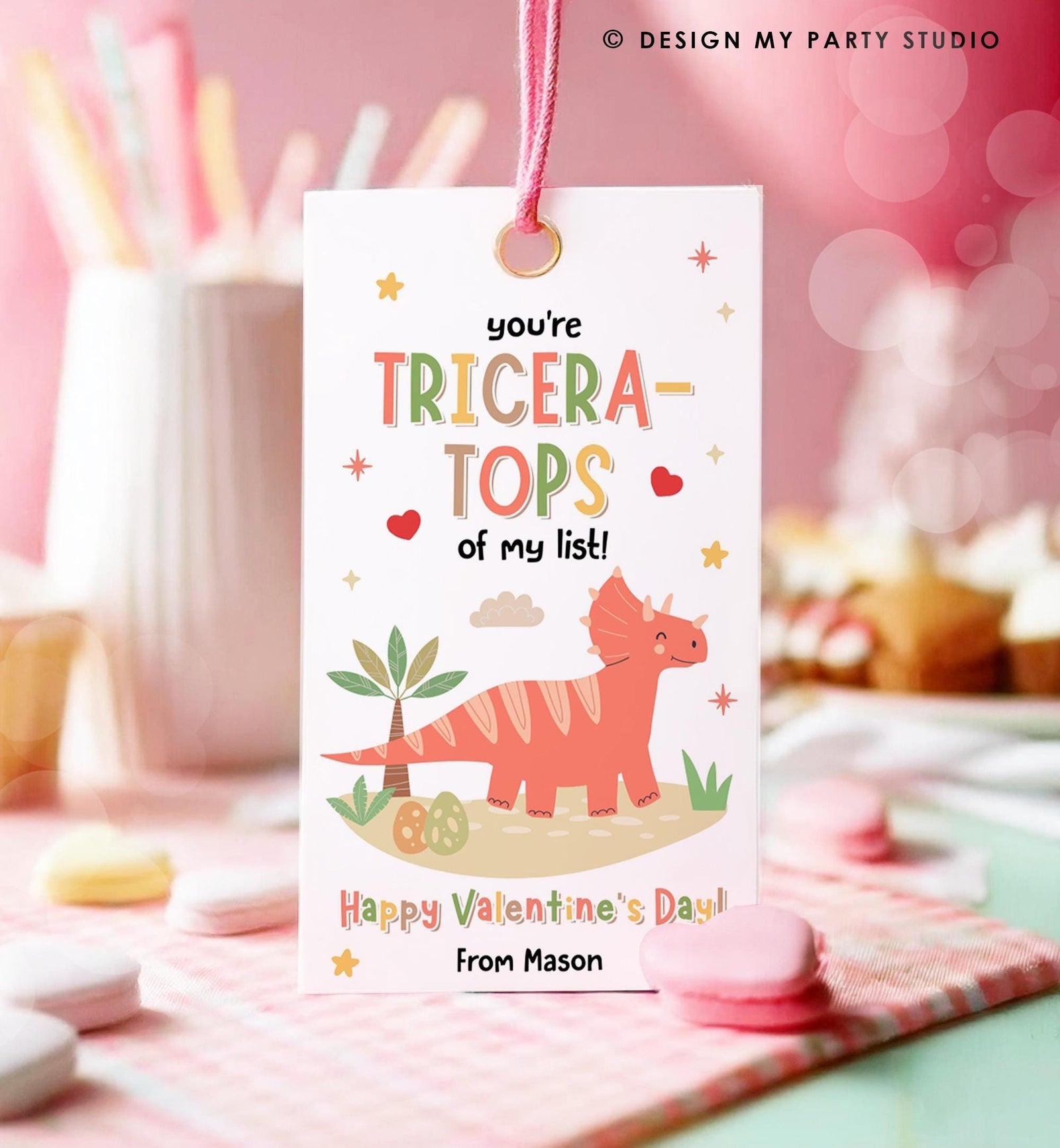 Editable You're Tricera-Tops Valentines Day Gift Tag Dinosaur Dino Triceratops Favor Card Kids School Classroom Template Printable 0370