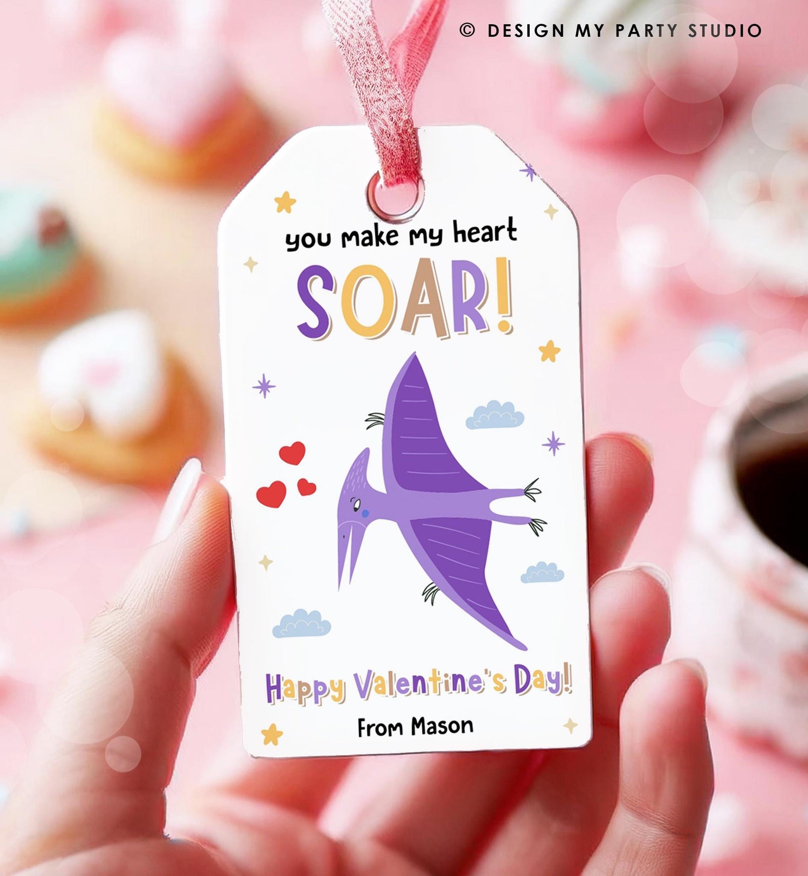 Editable You Make My Heart Soar Valentines Day Gift Tag Flying Dinosaur Dino Pterosaurs Card Kids School Classroom Template Printable 0370
