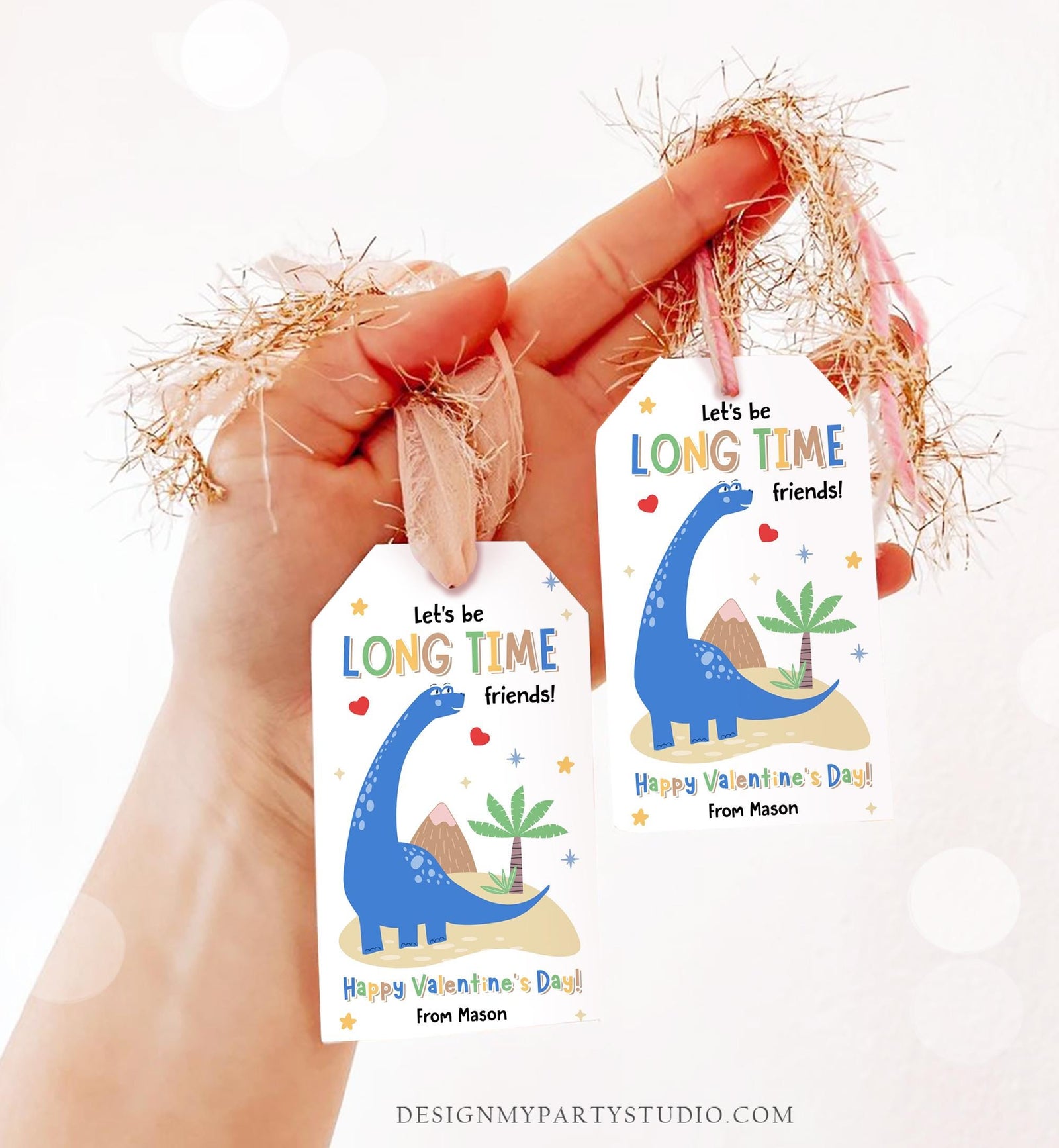 Editable Let's be Long Time Friends Valentines Day Gift Tag Dinosaur Dino Brachiosaurus Card Kids School Classroom Template Printable 0370