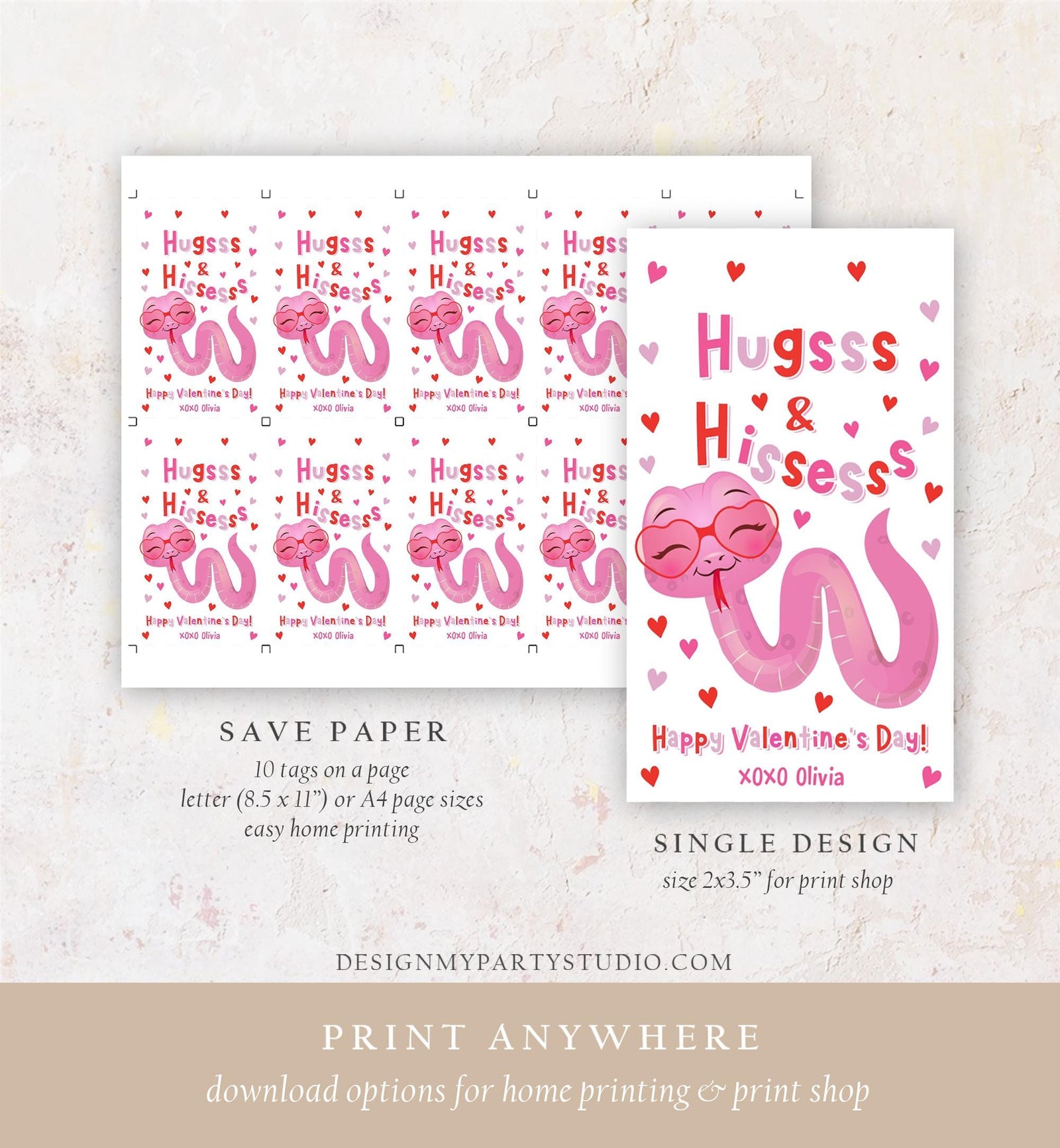 Editable Hugs and Hisses Valentines Day Gift Tag Valentine Snake Reptile Pink Girl Bag Favor Kids School Classroom Template Printable 0370