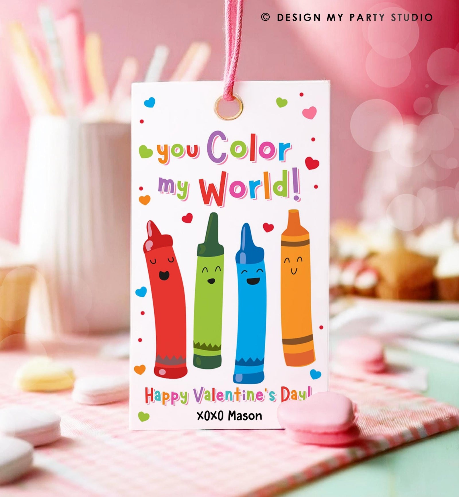 Editable You Color My World Crayon Valentines Day Gift Tag Valentine Paint Colors Bag Favor Kids School Classroom Template Printable 0370