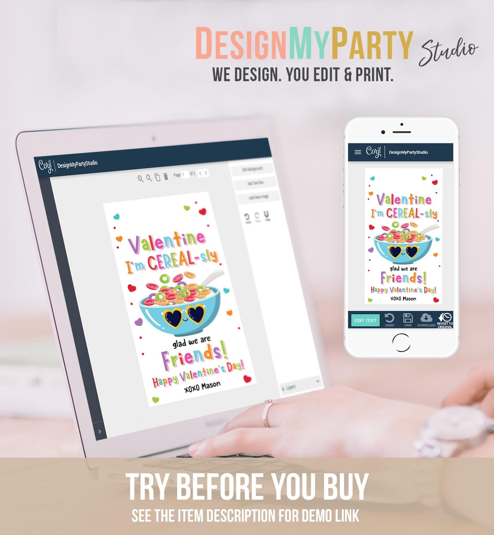 Editable I'm Cereal-Sly Glad We Are Friends Valentines Day Gift Tag Valentine Breakfast Cereal Kids School Classroom Template Printable 0370