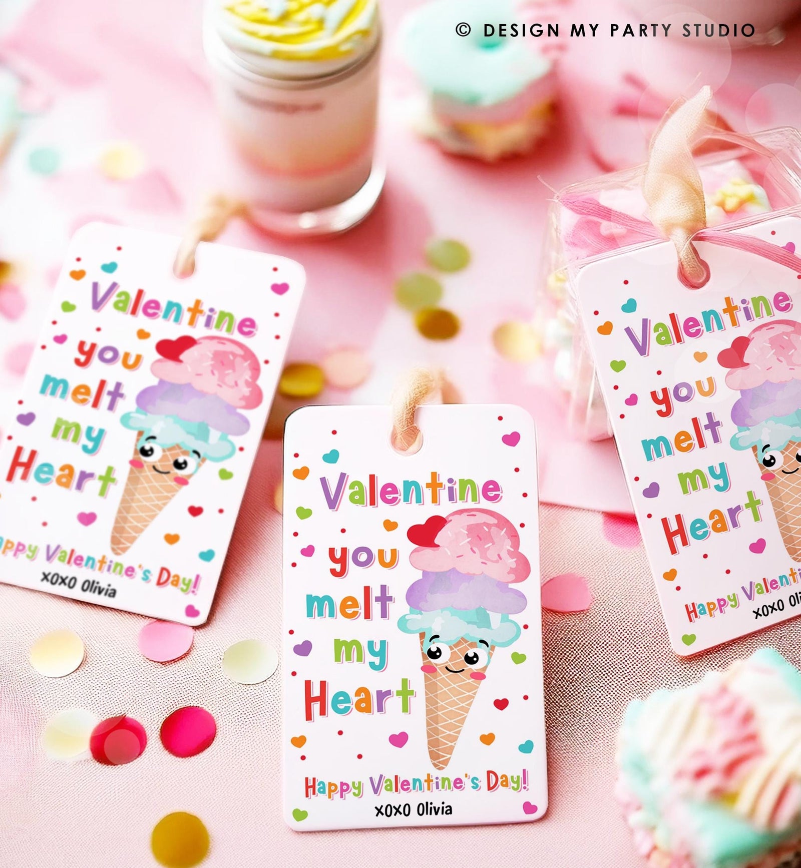 Editable Ice Cream Valentines Day Gift Tag Valentine You Melt My Heart Here's the Scoop Candy Heart School Classroom Template Printable 0370