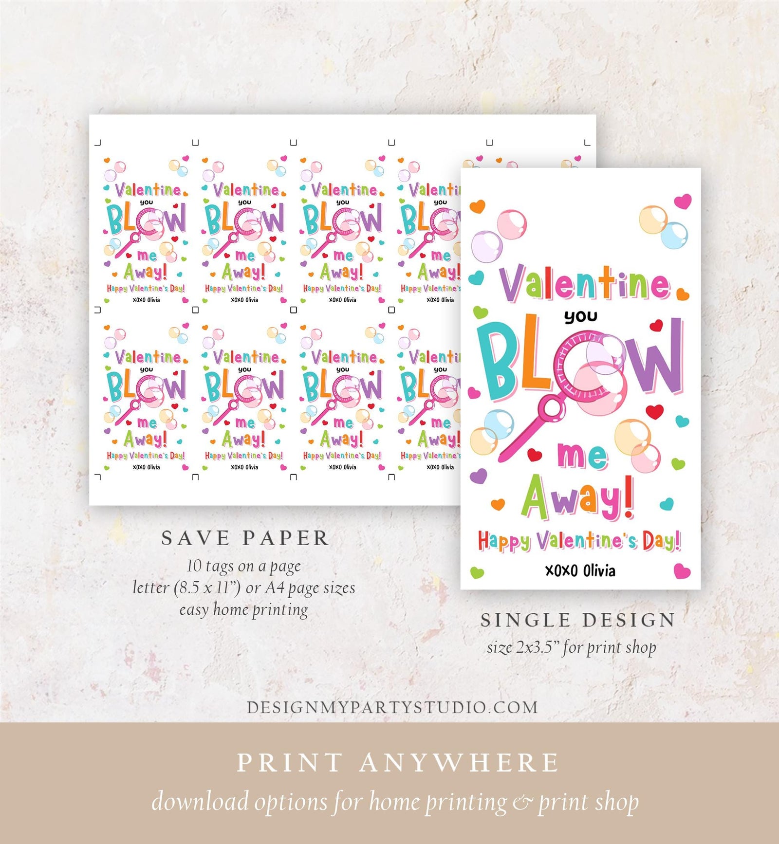 Editable Valentine You Blow Me Away Favor Tag Thank You Blowing Bubbles Soap Valentine's Day Tag School Digital Template Printable 0370