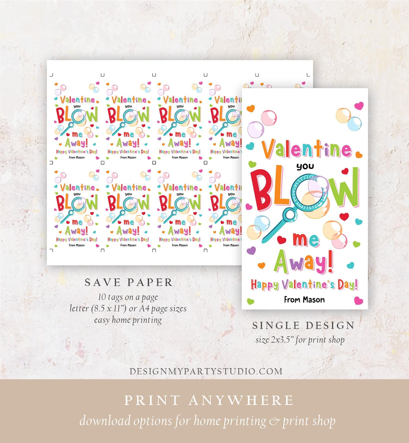 Editable Valentine You Blow Me Away Favor Tag Thank You Blowing Bubbles Soap Valentine's Day Tag School Digital Template Printable 0370