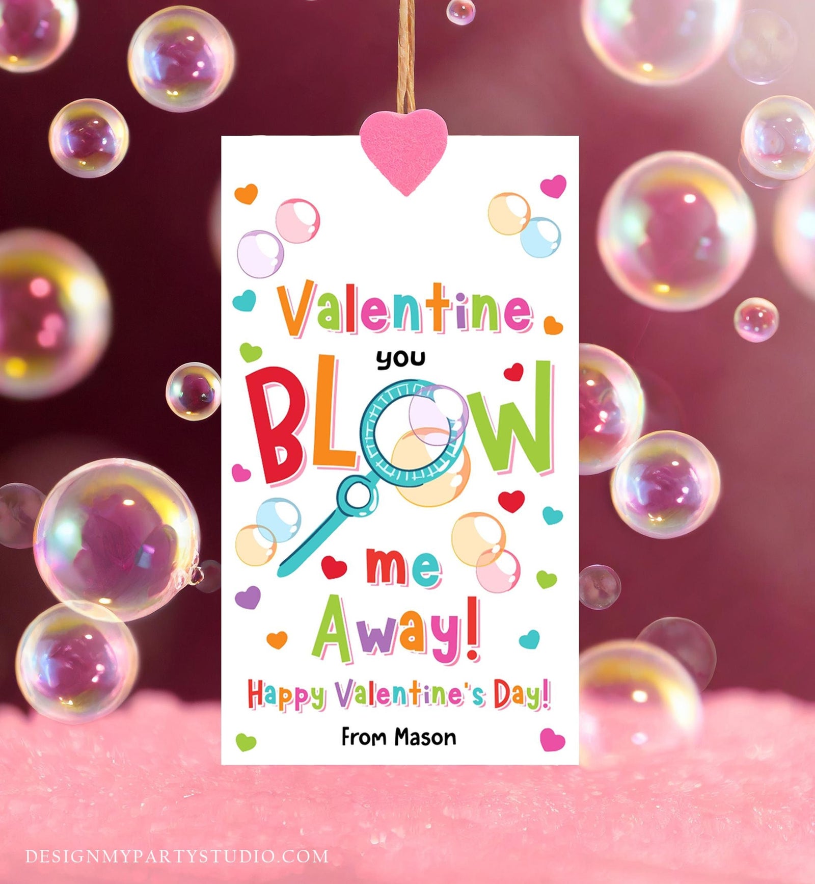 Editable Valentine You Blow Me Away Favor Tag Thank You Blowing Bubbles Soap Valentine's Day Tag School Digital Template Printable 0370