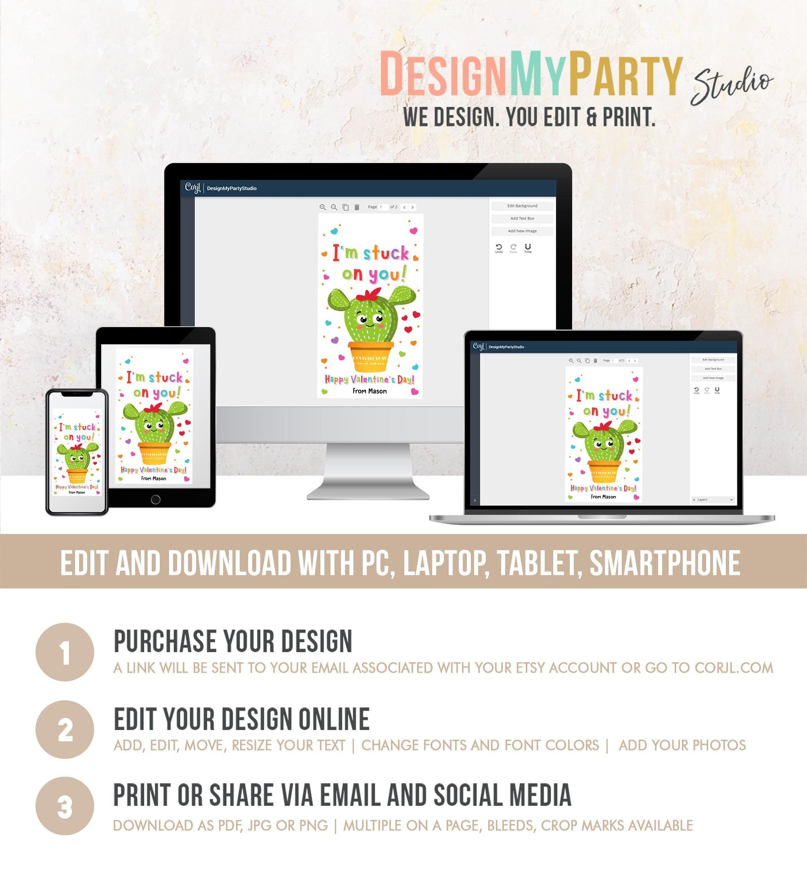 Editable I'm Stuck on You Valentines Day Gift Tag Cactus Fiesta Succulent You Rock Card Favor Kids School Classroom Template Printable 0370