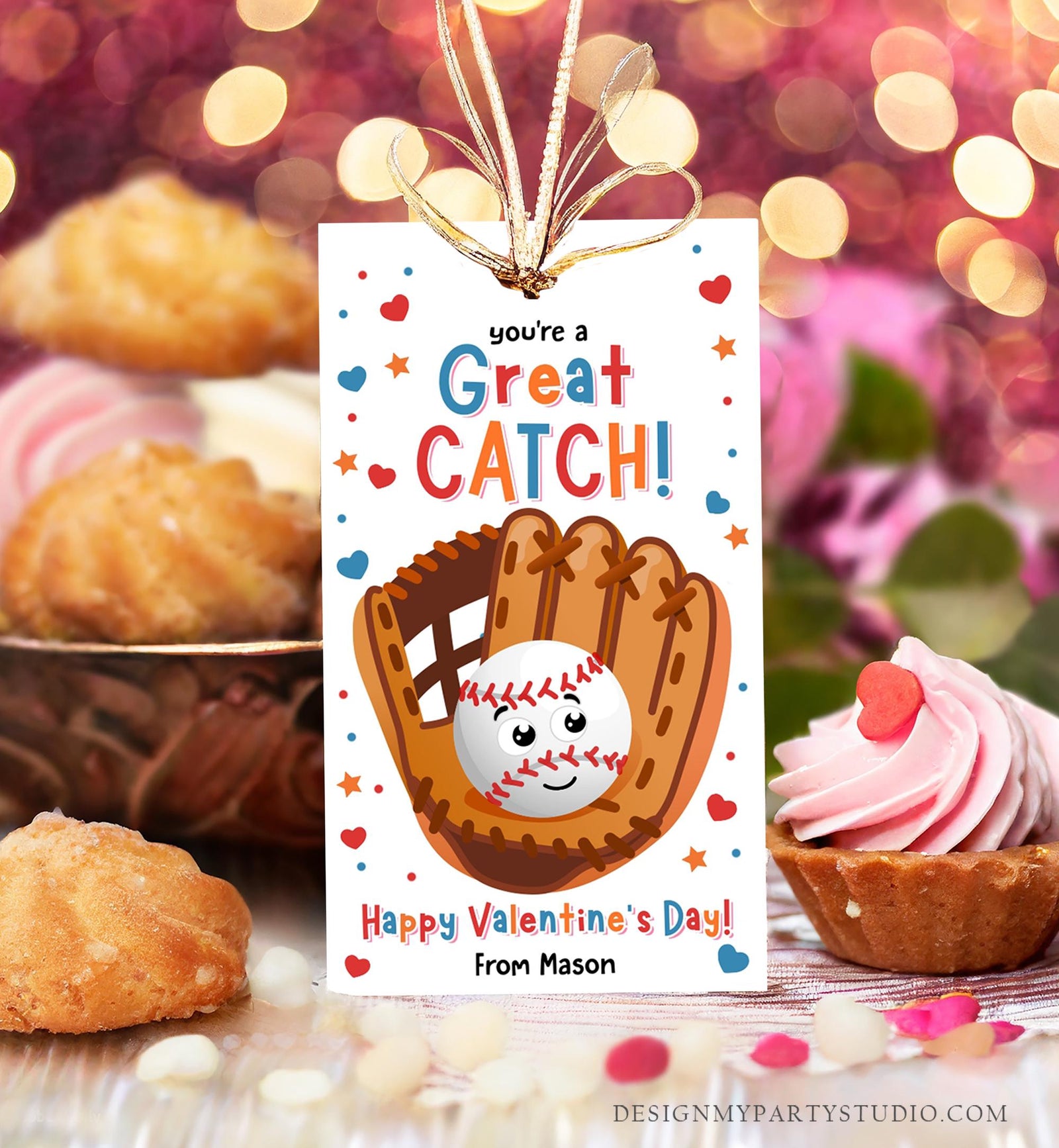 Editable You're a Great Catch Valentines Day Gift Tag American Baseball Ball Glove Bat Card Kids School Classroom Template Printable 0370