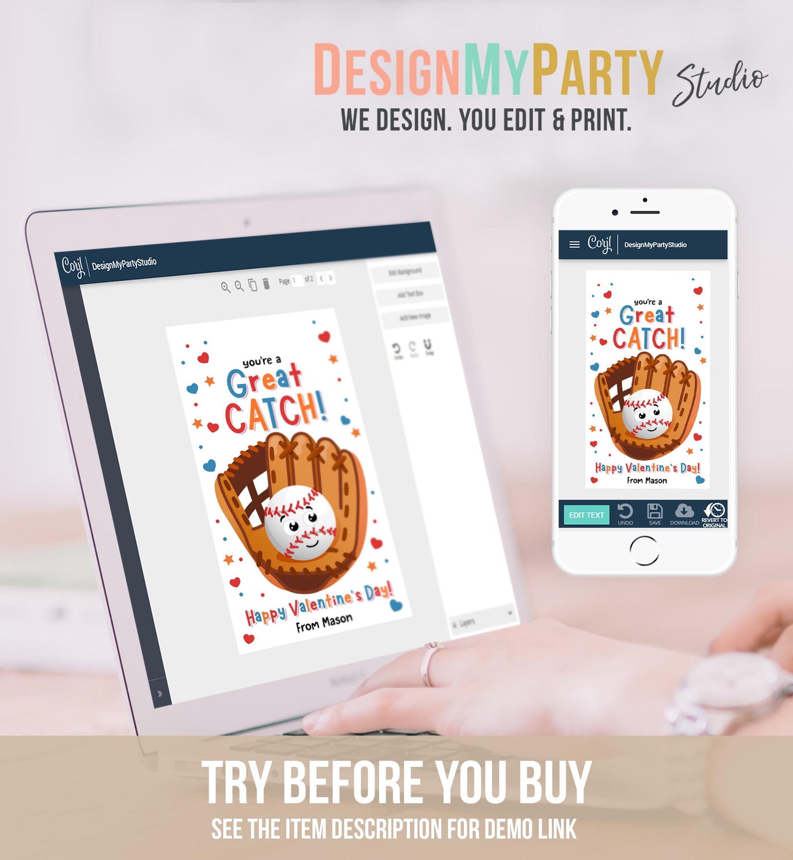 Editable You're a Great Catch Valentines Day Gift Tag American Baseball Ball Glove Bat Card Kids School Classroom Template Printable 0370