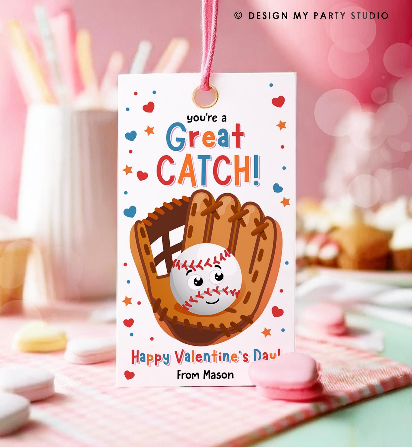 Editable You're a Great Catch Valentines Day Gift Tag American Baseball Ball Glove Bat Card Kids School Classroom Template Printable 0370