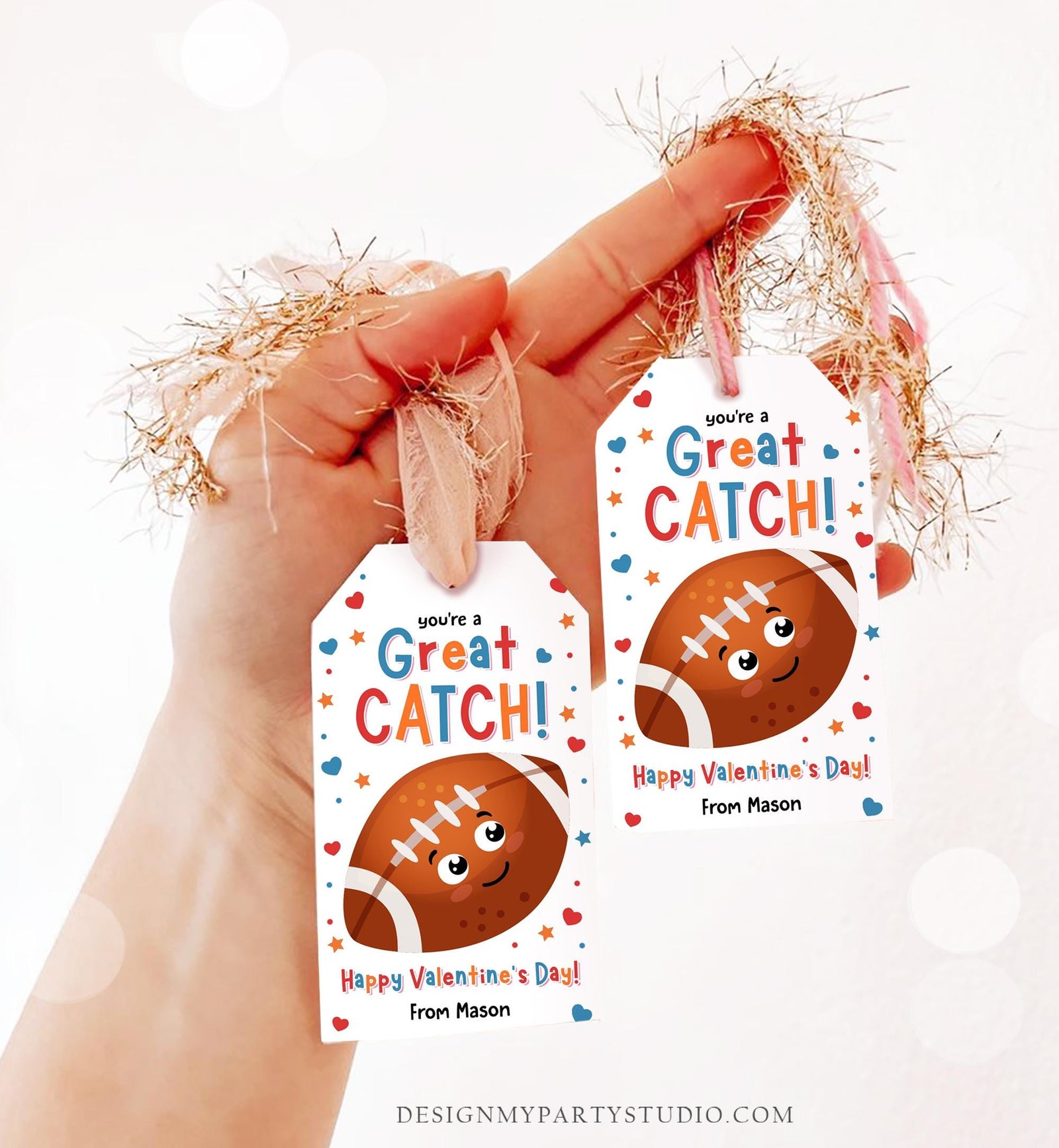 Editable You're a Great Catch Valentines Day Gift Tag Rugby American Football Ball Touchdown Kids School Classroom Template Printable 0370