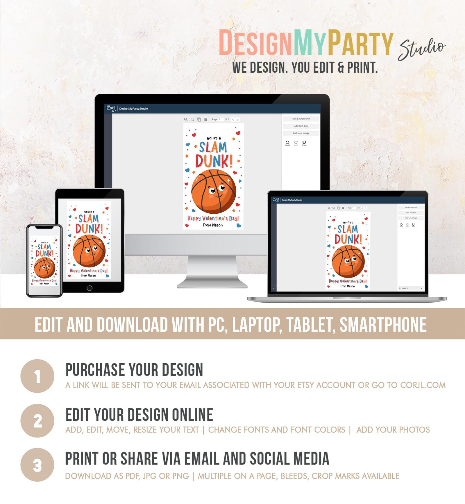 Editable You're a Slam Dunk Valentines Day Gift Tag Basketball Ball Net Alley-oop Pass Card Kids School Classroom Template Printable 0370