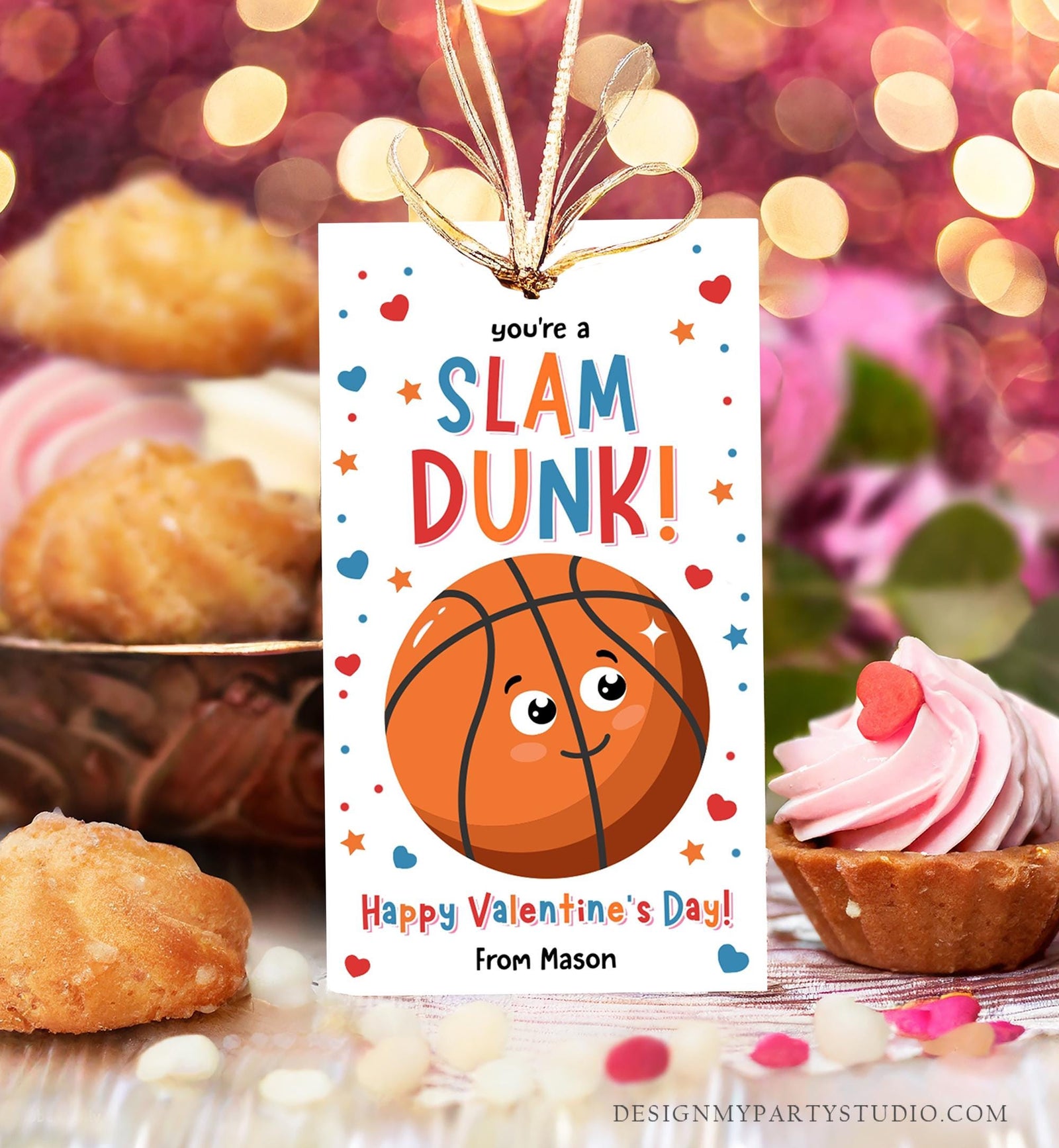 Editable You're a Slam Dunk Valentines Day Gift Tag Basketball Ball Net Alley-oop Pass Card Kids School Classroom Template Printable 0370