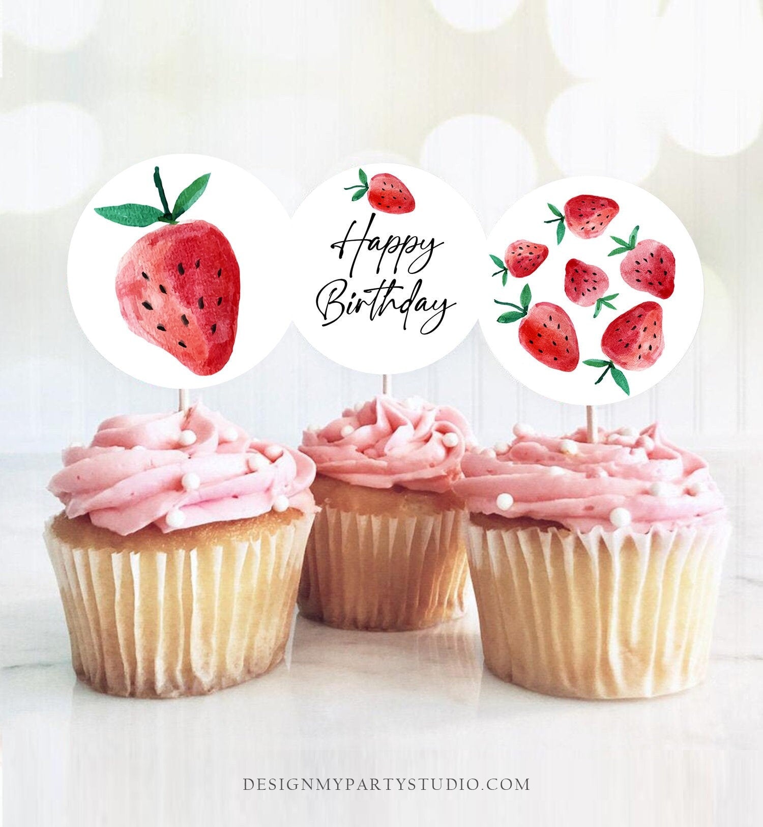 Strawberry Birthday Cupcake Toppers Favor Tags Girl First Birthday Party Decor Berry Sweet 1st Strawberries Digital Download Printable 0399