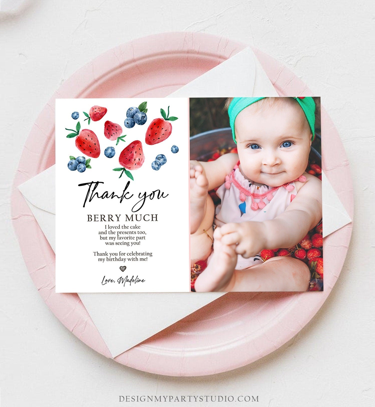 Editable Blueberry Strawberry Thank You Card Berry First Birthday Berry Sweet Farmers Market Digital Download Template Printable 0399