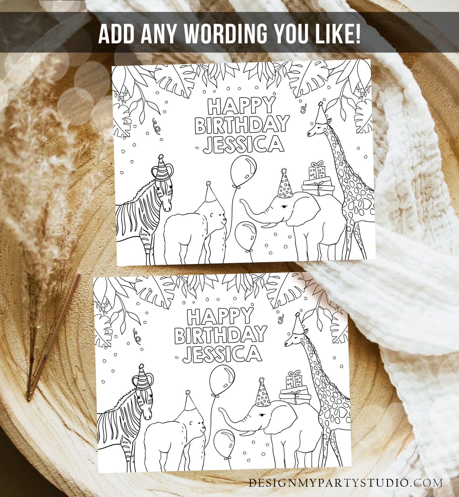 Editable Coloring Page Safari Animal Birthday Party Activity Game Wild One Birthday Zoo Jungle Party Animals Download Printable Digital 0142