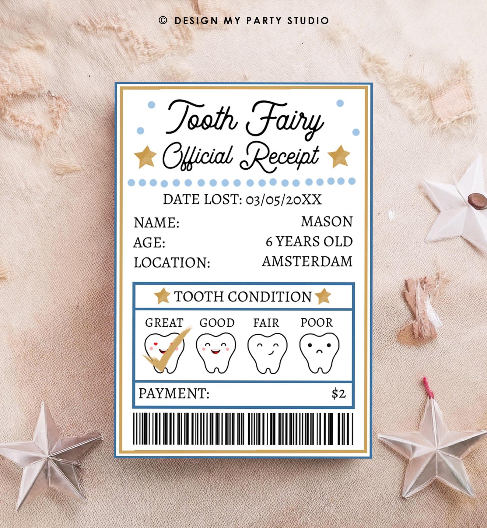 Editable Mini Tooth Fairy Set Receipt and Letter with Envelope Tooth Fairy Kit Lost Tooth Fairy Note Boys Digital Template Printable 0526