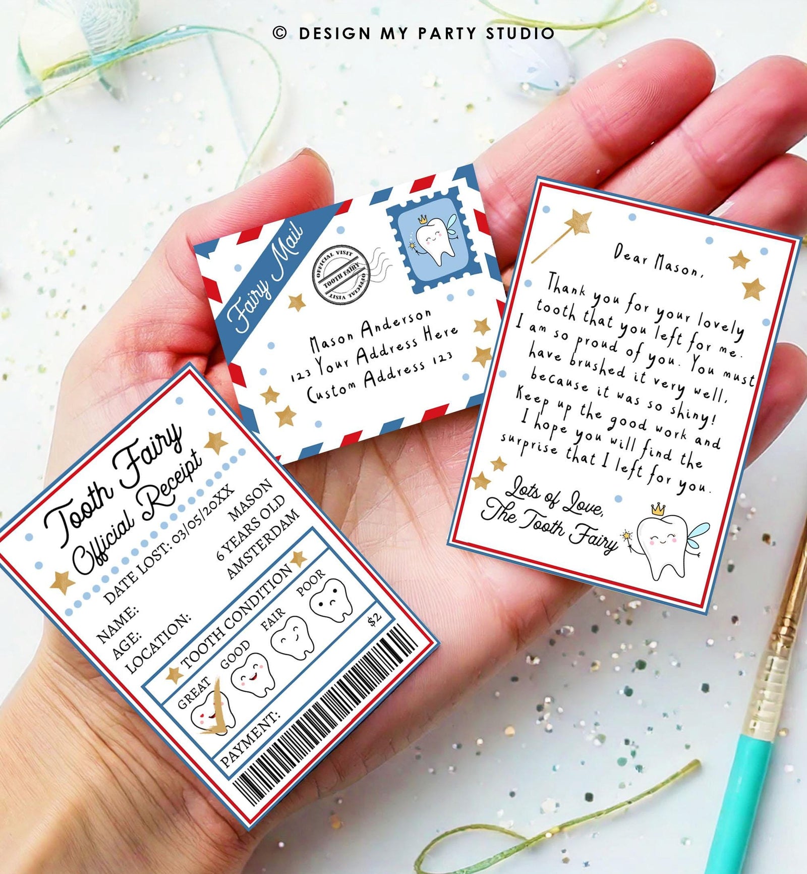 Editable Mini Tooth Fairy Set Receipt and Letter with Envelope Tooth Fairy Kit Lost Tooth Fairy Note Boys Digital Template Printable 0526