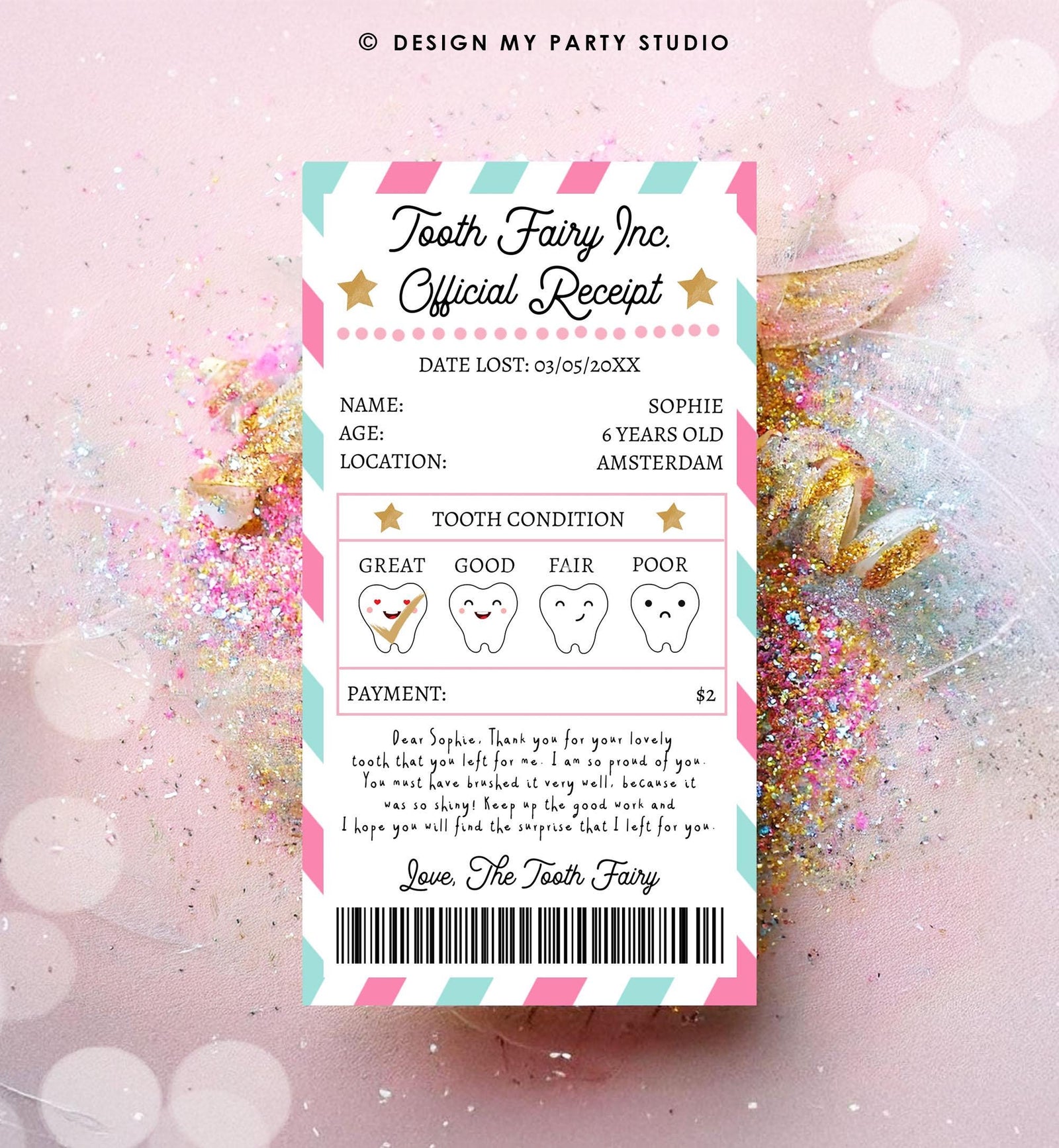 Editable Tooth Fairy Receipt First Lost Tooth Certificate Official Fairy Note Kids Tooth Fairy Letter Girl Digital Template Printable 0526