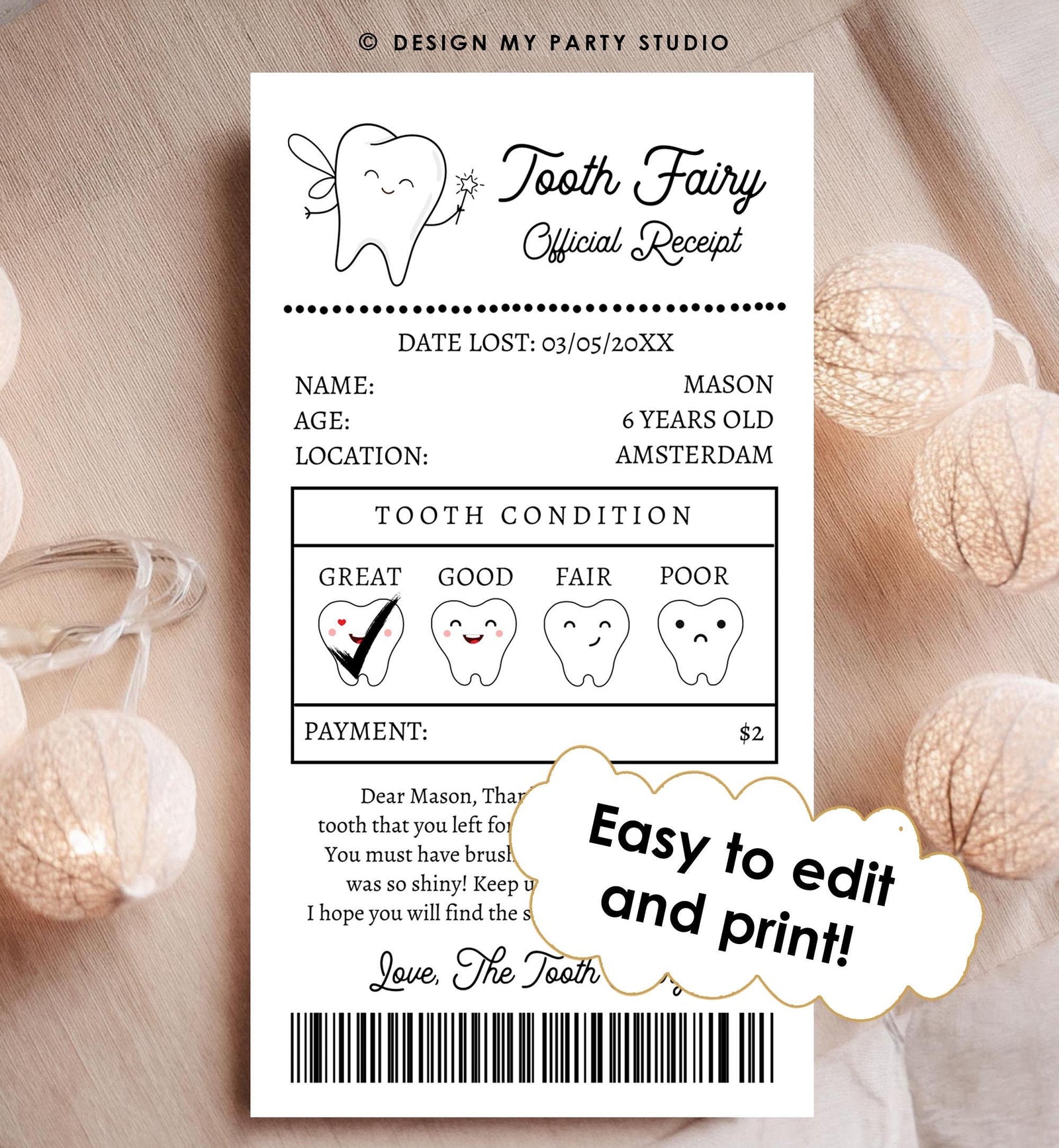Editable Tooth Fairy Receipt Lost Tooth Certificate Official Fairy Note Kids Tooth Fairy Letter Neutral Digital Template Printable 0526