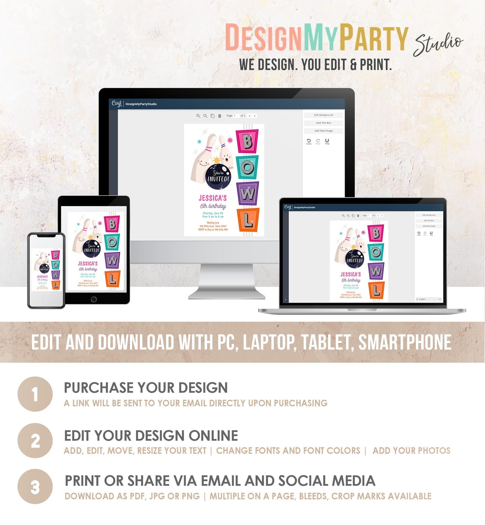 Editable Bowling Birthday Invitation Strike Up Some Fun Girl Pink Bowling Party Pizza Teen Retro Digital Download Template Printable 0505