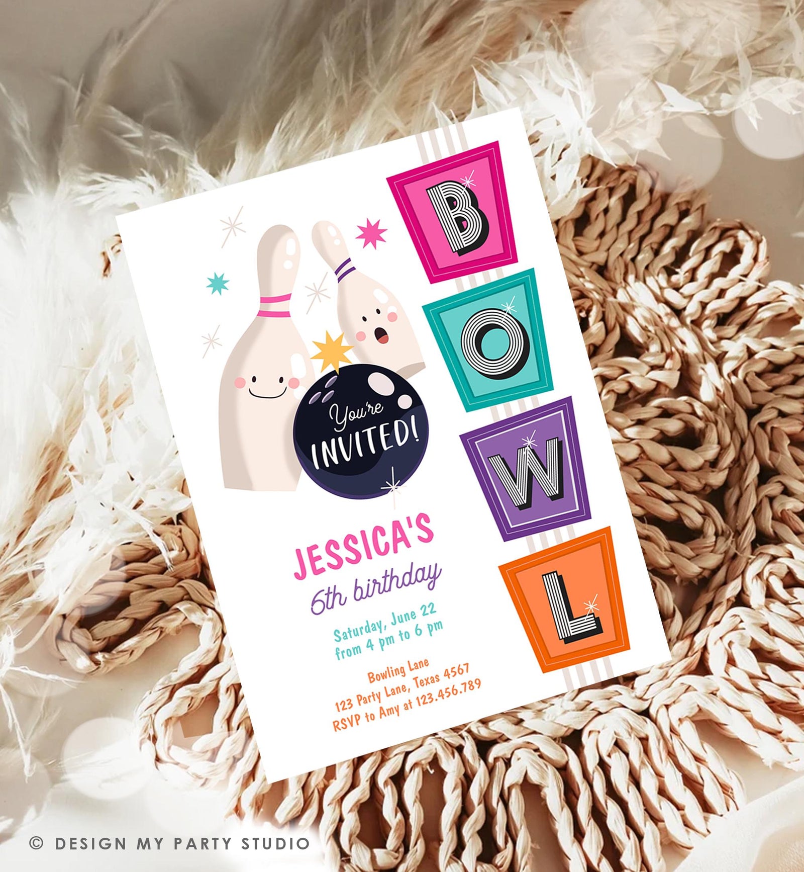 Editable Bowling Birthday Invitation Strike Up Some Fun Girl Pink Bowling Party Pizza Teen Retro Digital Download Template Printable 0505