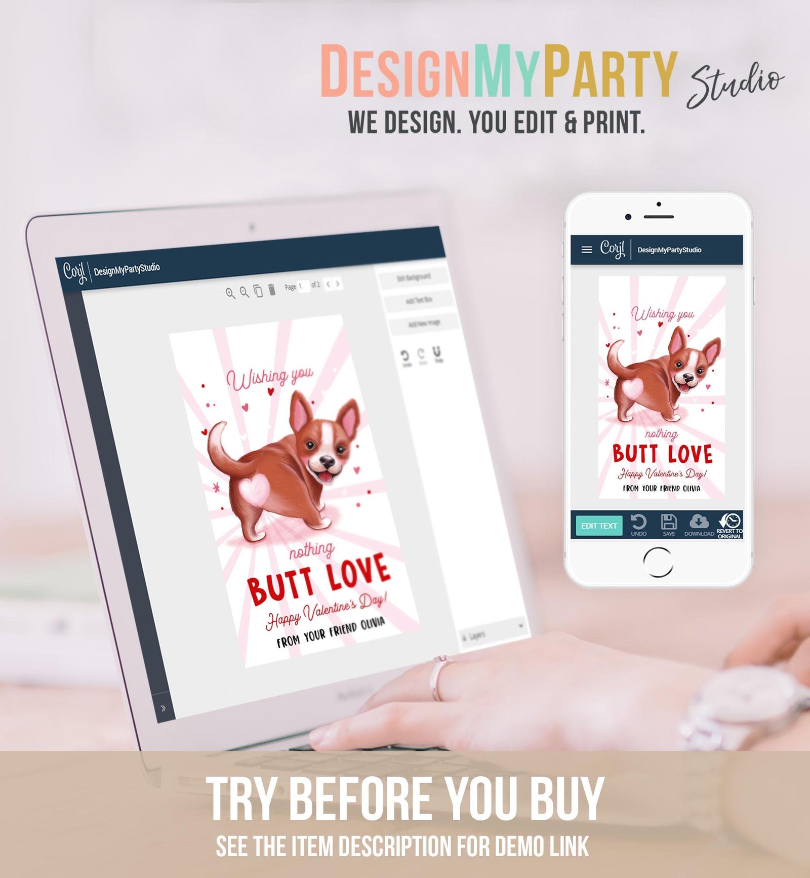 Editable Funny Valentine's Day Tag Nothing Butt Love Dog Puppy Valentine Gift Tag Kids School Classroom Card Digital Template Printable 0370