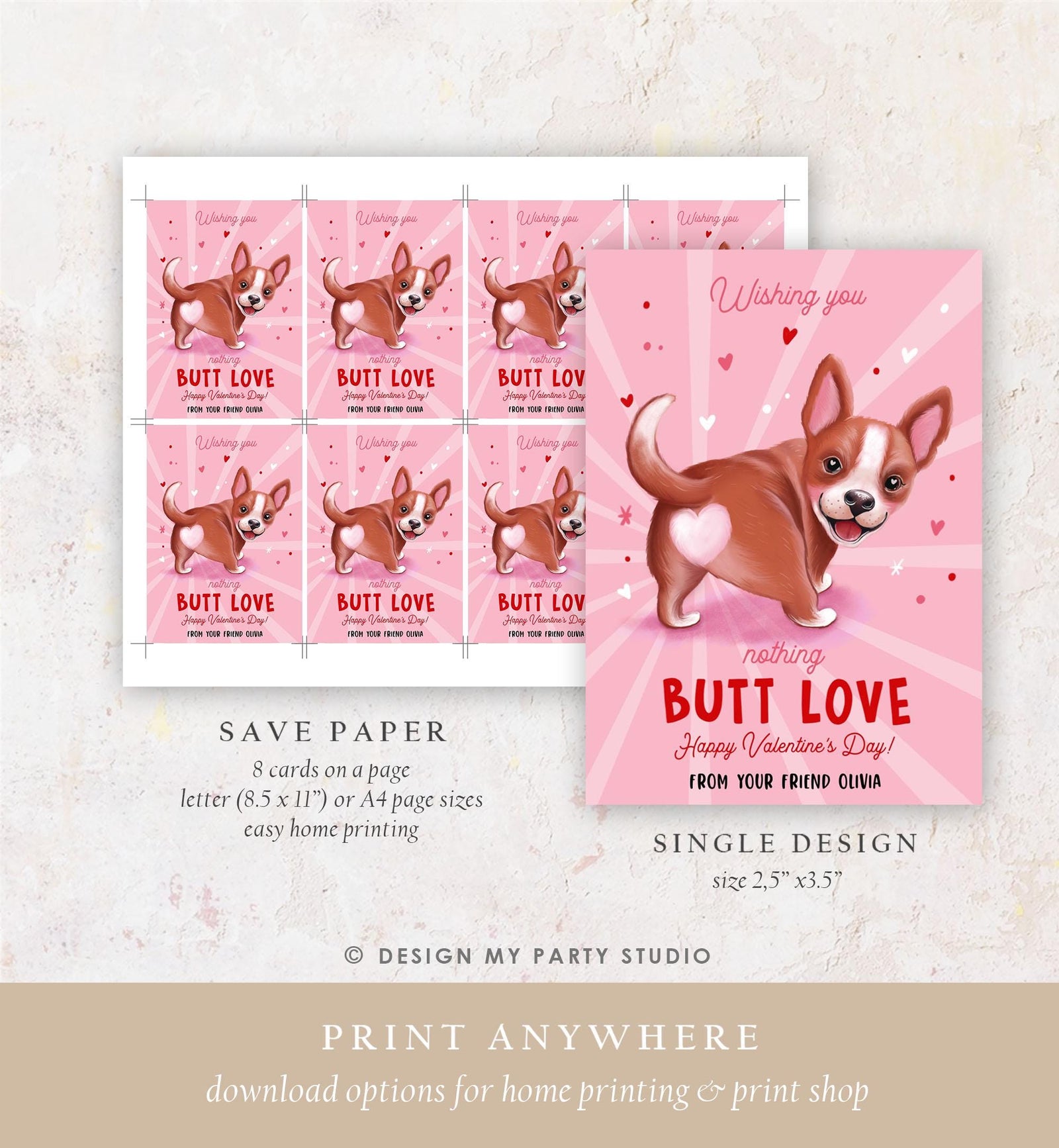 Editable Funny Valentine's Day Tag Butt Love Dog Puppy Valentine Gift Tag Kids School Classroom Card Digital Template Printable 0370