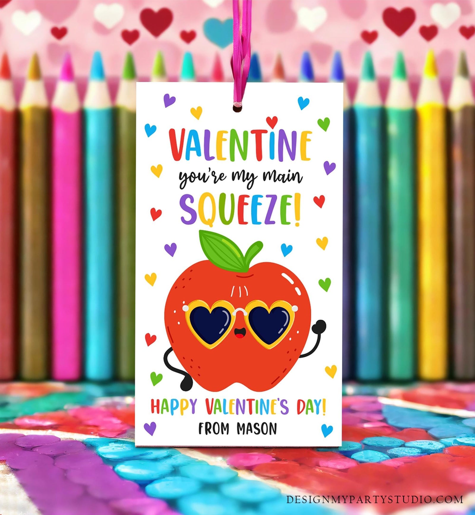 Editable Valentine Main Squeeze Valentines Day Gift Tag Applesauce Fruit Juice Pouch Favor Kids School Classroom Template Printable 0370
