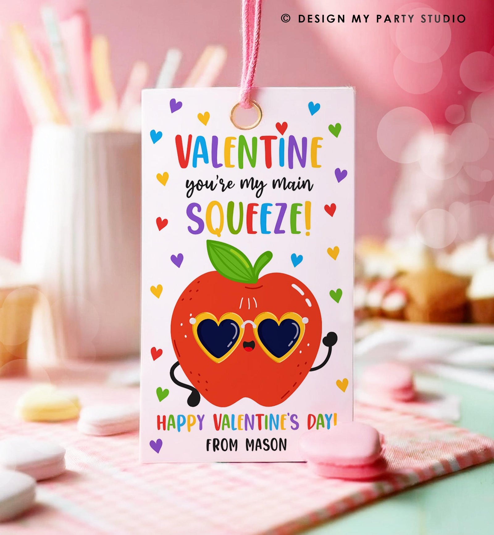 Editable Valentine Main Squeeze Valentines Day Gift Tag Applesauce Fruit Juice Pouch Favor Kids School Classroom Template Printable 0370