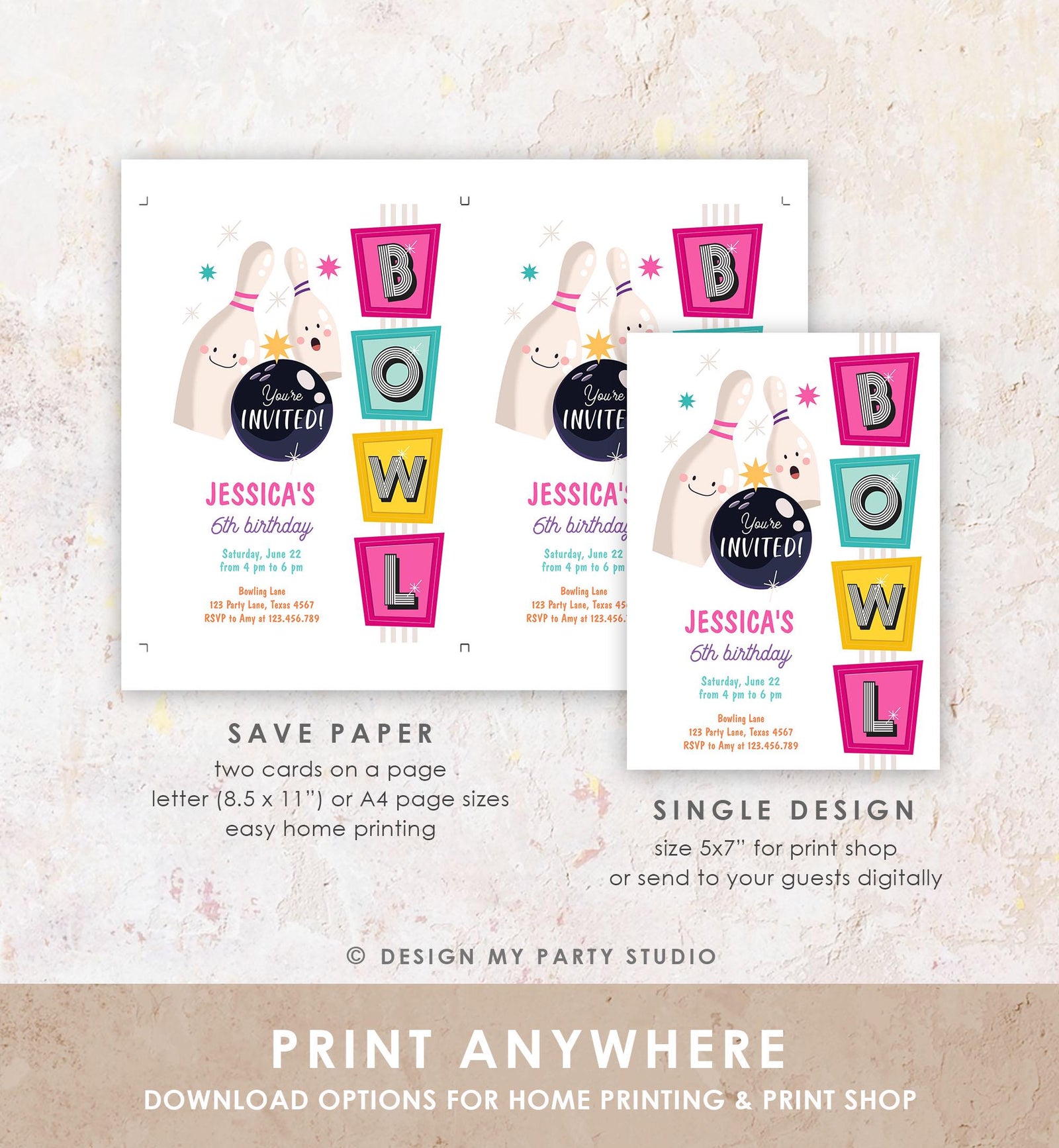 Editable Bowling Birthday Invitation Strike Up Some Fun Girl Pink Bowling Party Pizza Teen Retro Digital Download Template Printable 0505