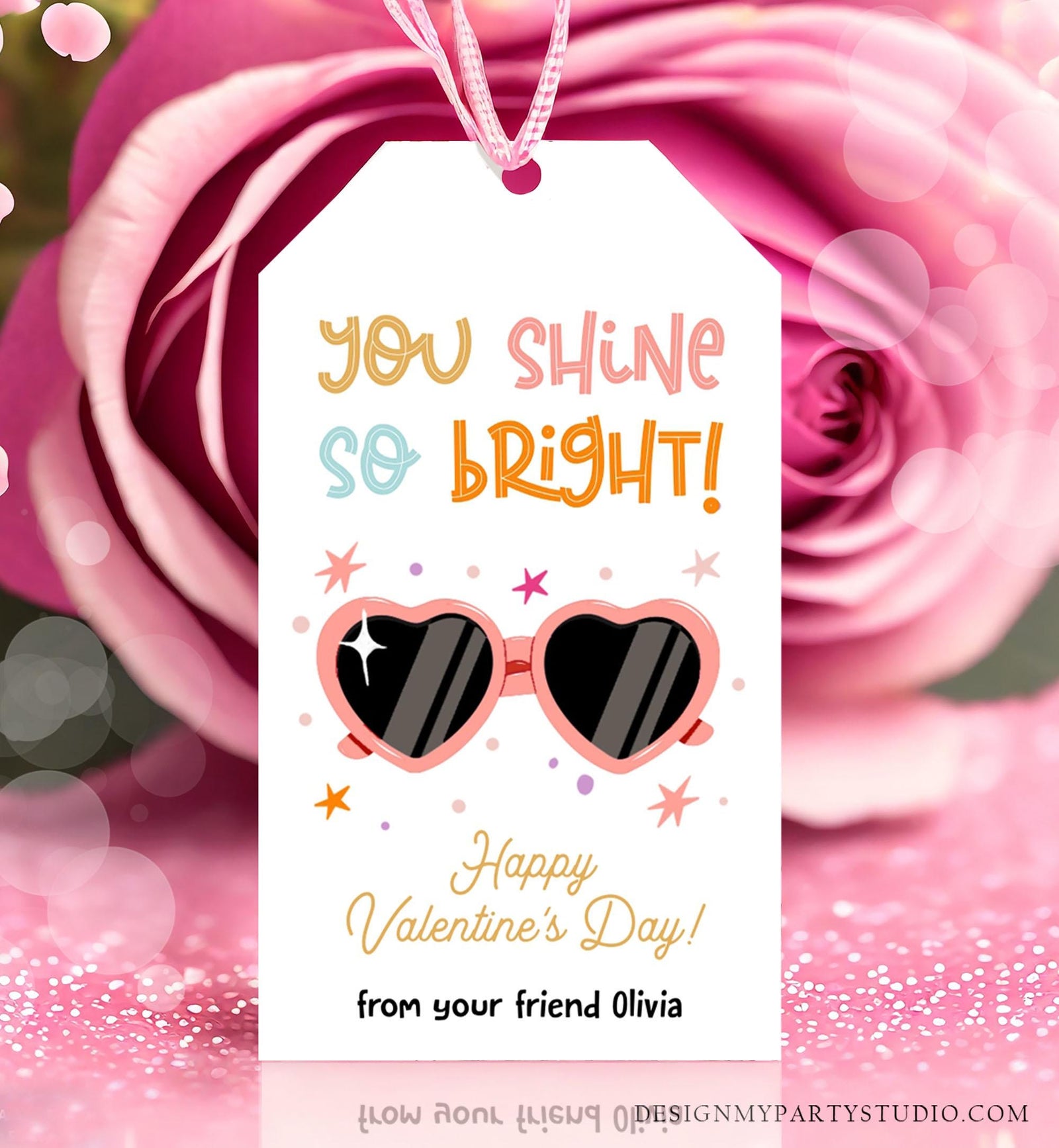 Editable Sunglasses Valentines Tag Valentines Glasses you Shine Bright Treat Non Candy Kids School Classroom Digital Template Printable 0370