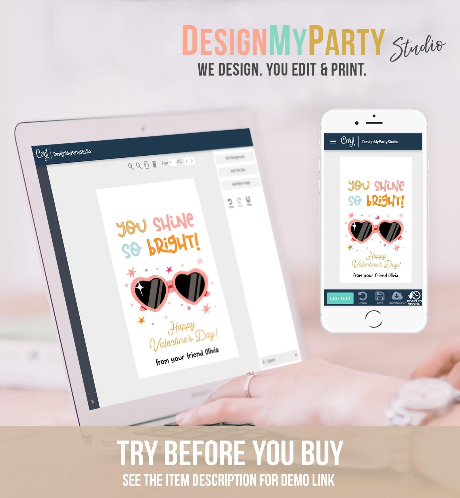 Editable Sunglasses Valentines Tag Valentines Glasses you Shine Bright Treat Non Candy Kids School Classroom Digital Template Printable 0370