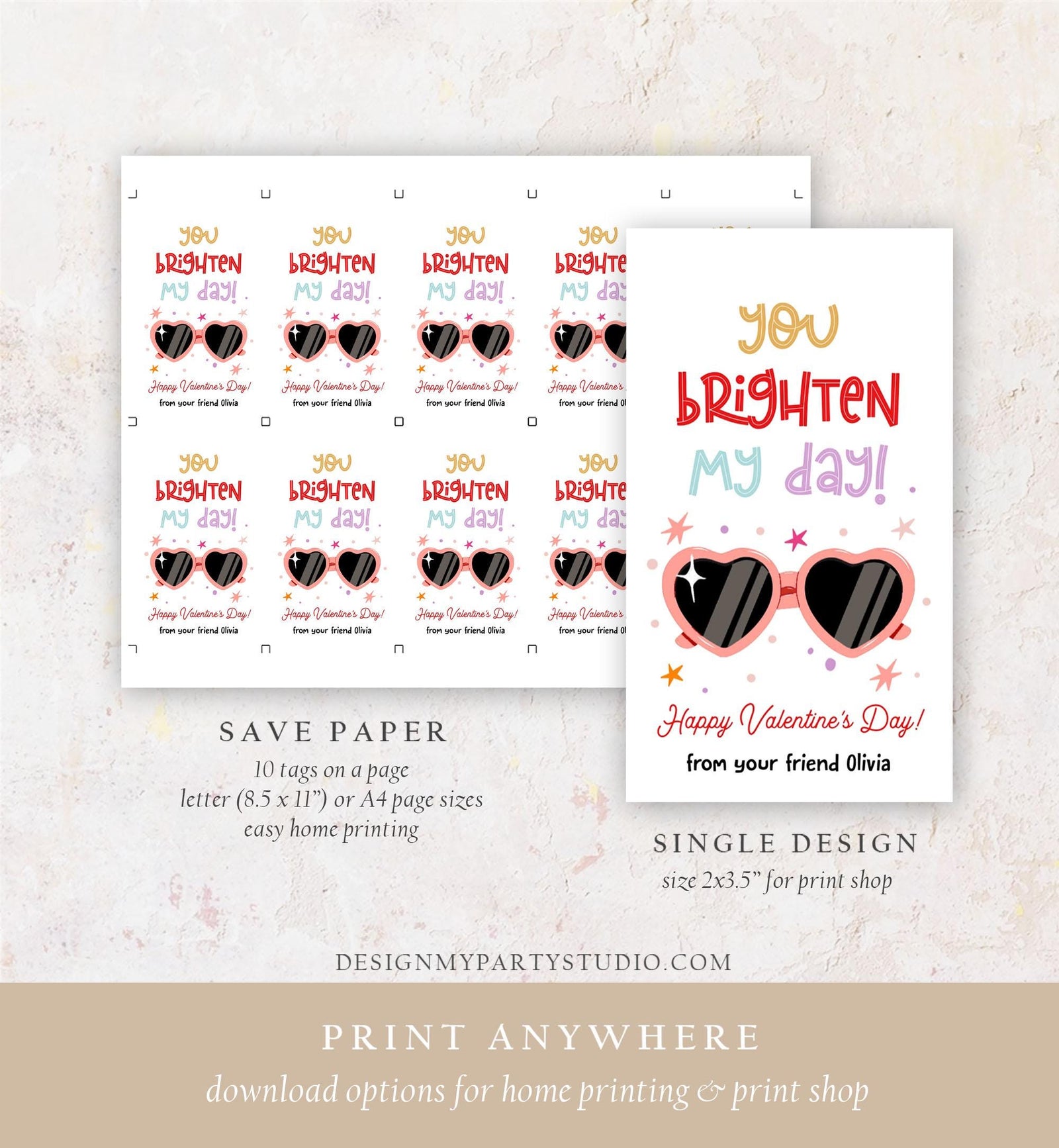 Editable Sunglasses Valentines Tag Valentines Glasses you Shine Bright Treat Non Candy Kids School Classroom Digital Template Printable 0370