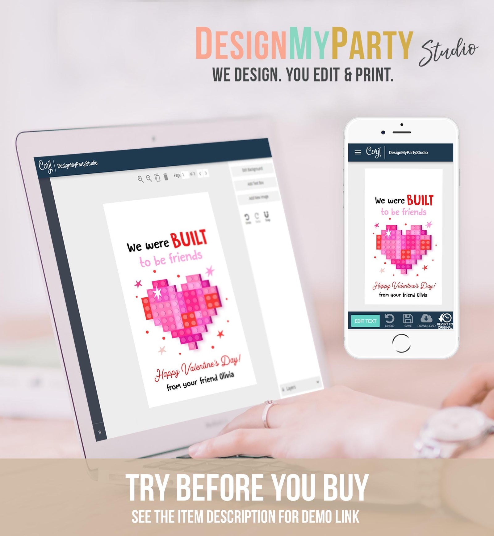 Editable Valentines Day Gift Tag Building Blocks Non Candy Treat Built To Be Friends Kids School Classroom Download Template Printable 0370