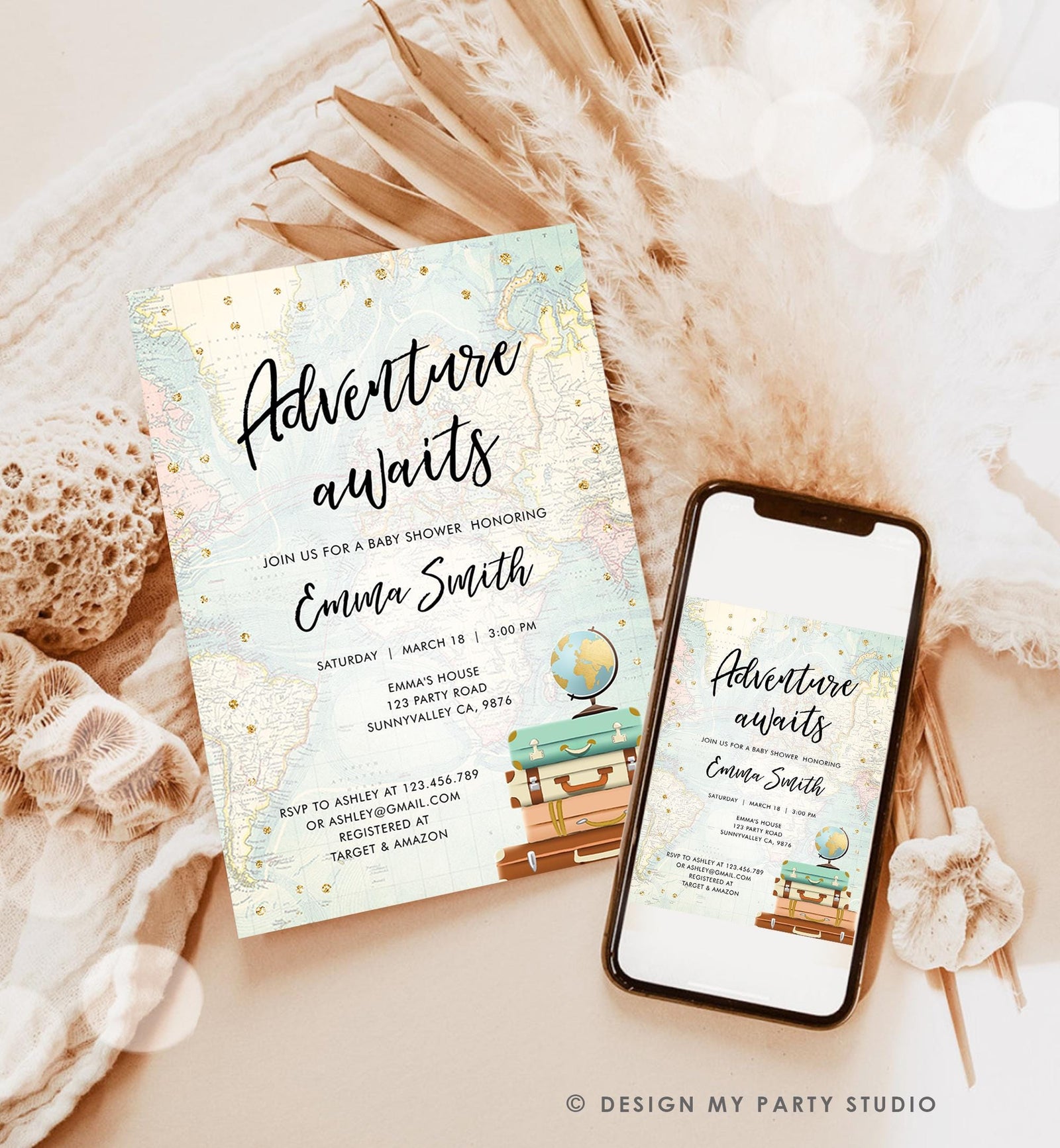 Editable Adventure Awaits Baby Shower Invitation Gold Confetti Suitcases Globe Travel Around World Digital Evite Template Printable 0263
