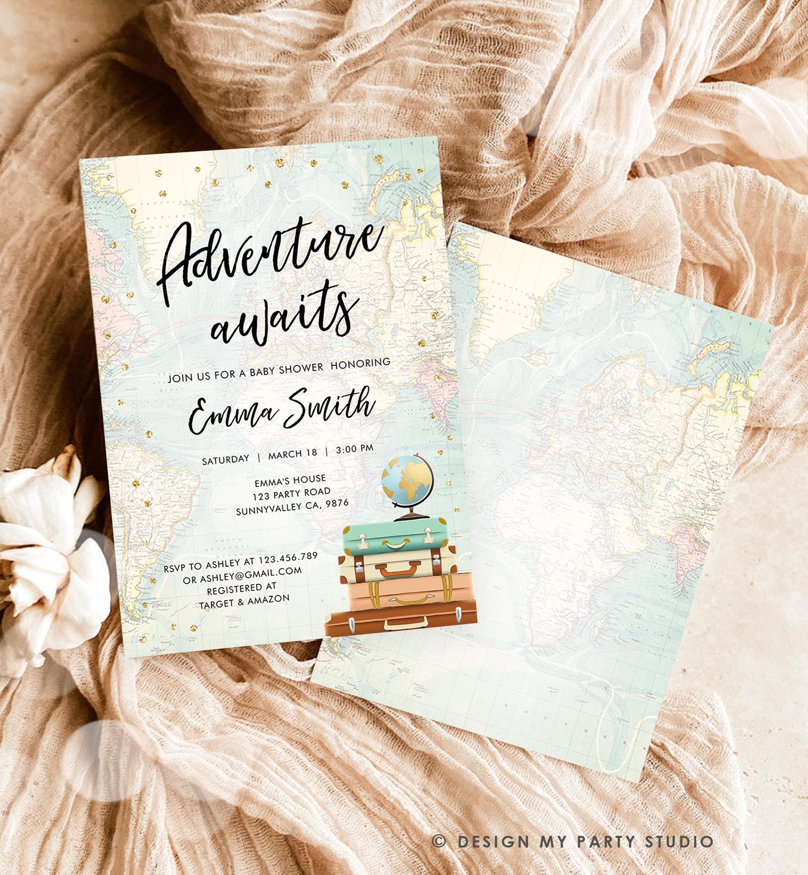 Editable Adventure Awaits Baby Shower Invitation Gold Confetti Suitcases Globe Travel Around World Digital Evite Template Printable 0263