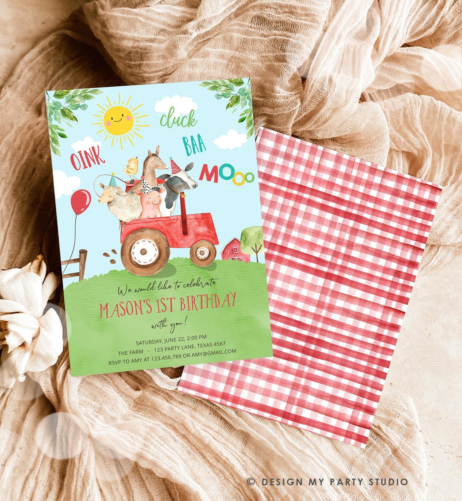 Editable Farm Animals Birthday Invitation Boy Party Animals Boy Barnyard Red Tractor Party Digital Download Evite Template Printable 0155